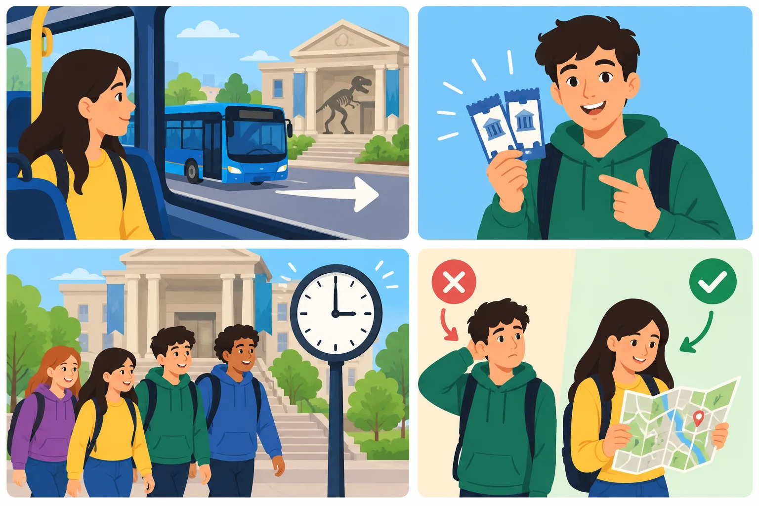 Quadro visual com Ana indo de ônibus ao museu, Leo com ingressos, o grupo chegando no horário e Ana, não Leo, com um mapa.