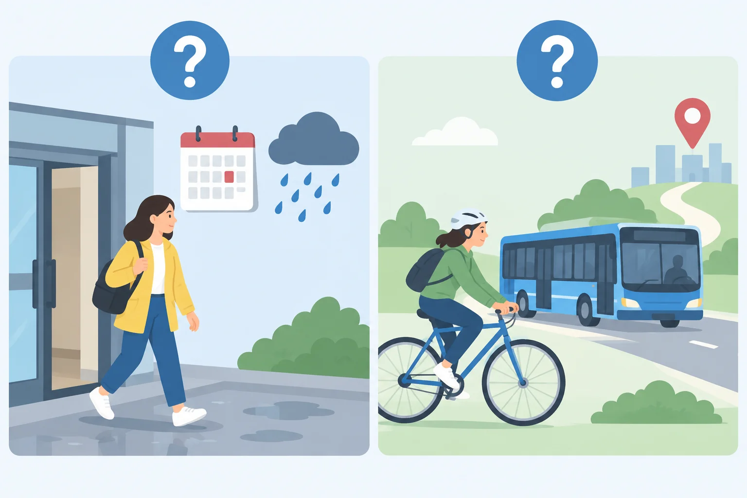 Comparação visual: à esquerda, pistas de um motivo para sair cedo; à direita, meios diferentes de deslocamento.