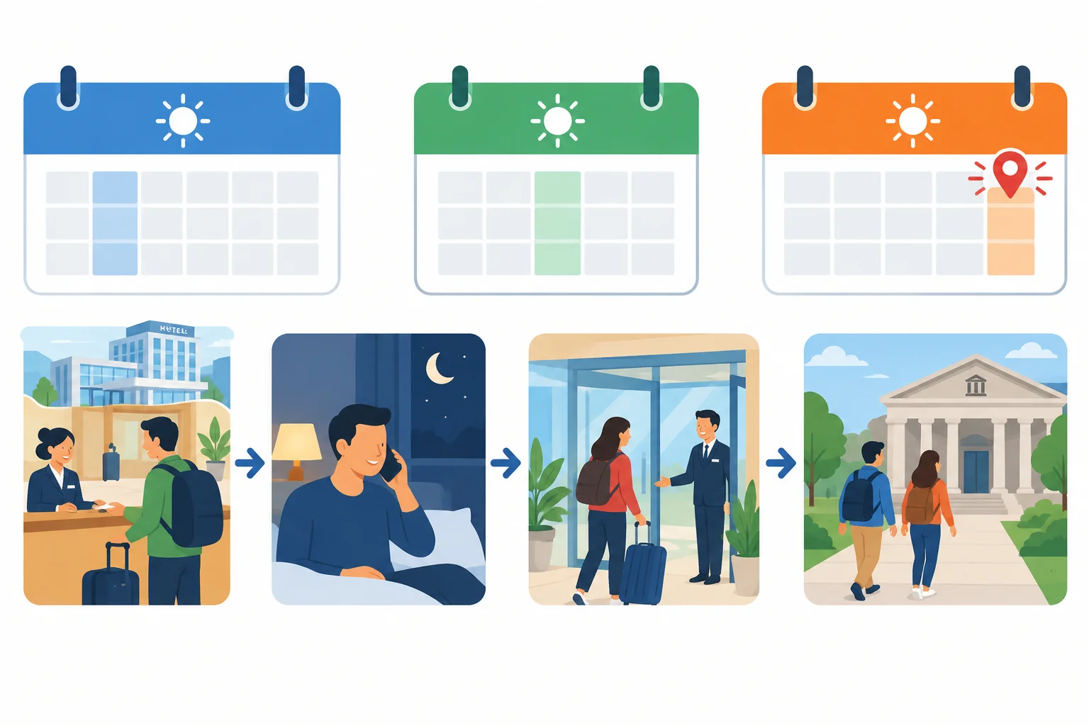 Linha do tempo visual: chegada ao hotel e telefonema na quarta-feira; chegada de Ana e caminhada ao museu na quinta-feira; sexta-feira como momento da fala.