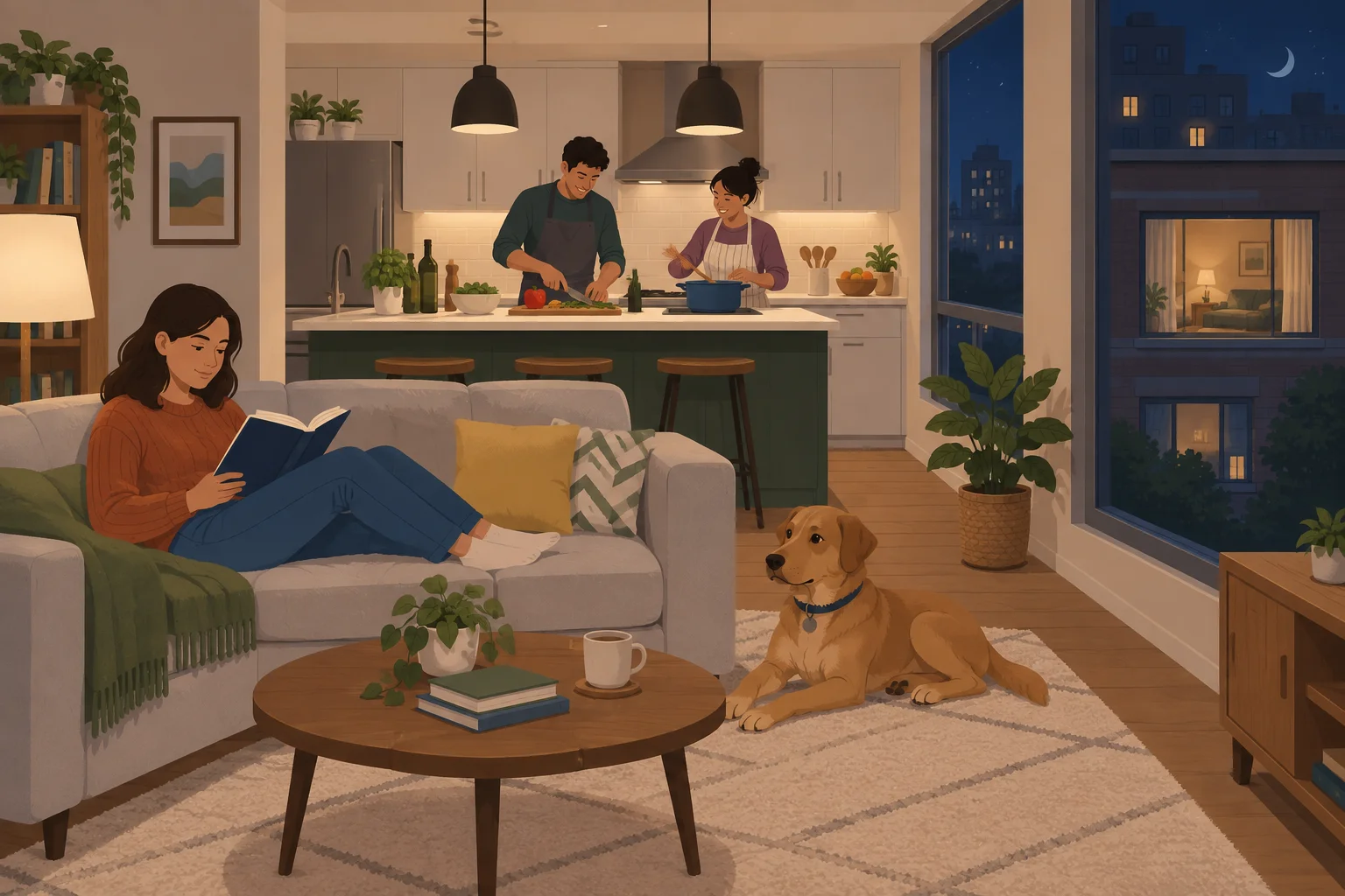 Cena noturna com Ana lendo, Leo e Mia cozinhando e um cachorro acordado.