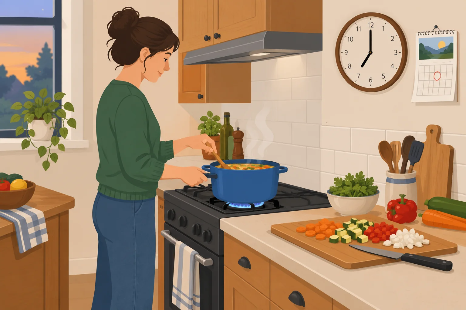 Pessoa em uma cozinha mexe uma panela, com legumes sobre a bancada e um relógio marcando sete horas.