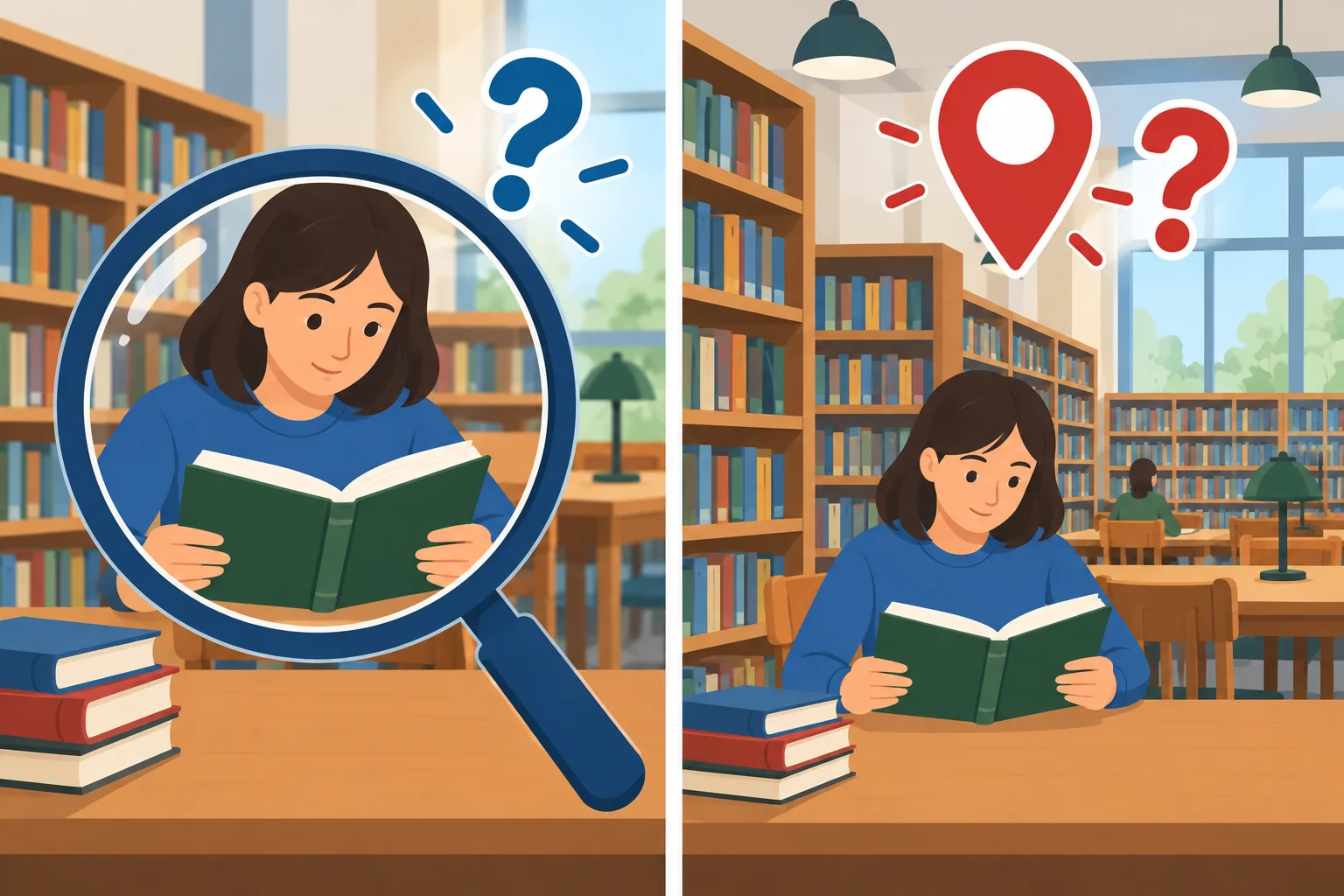 Comparação visual: em uma cena de leitura, uma pergunta pode buscar a atividade ou o local.