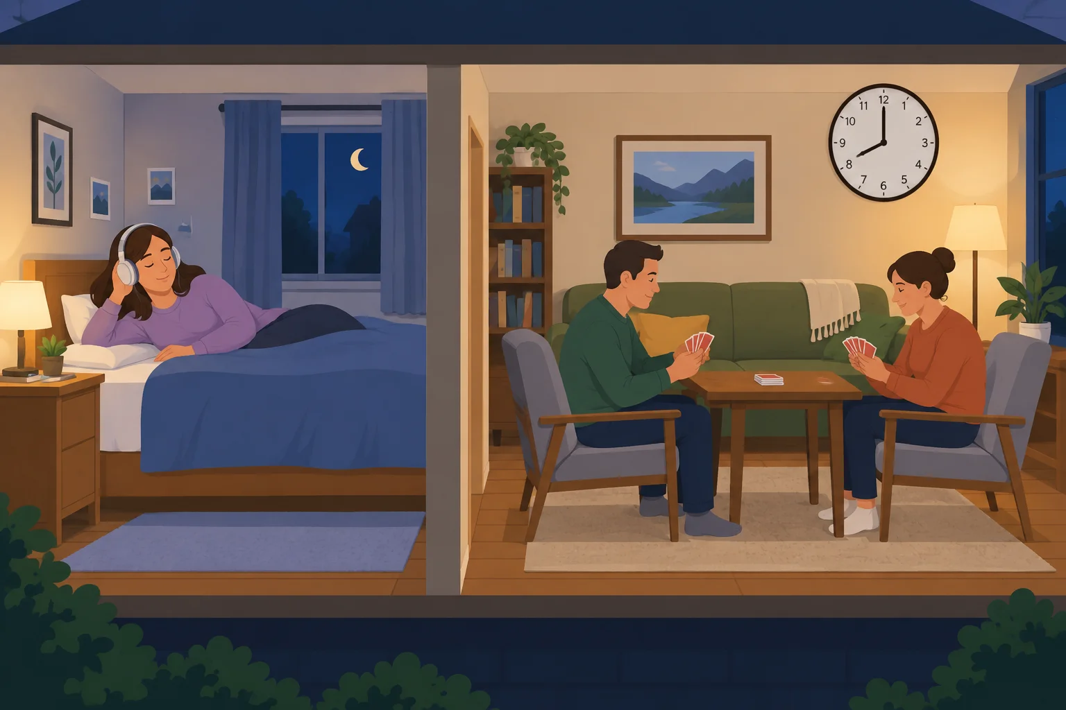 Cena de uma casa às oito da noite: Ana ouve música no quarto; Tom e Eva jogam cartas na sala.