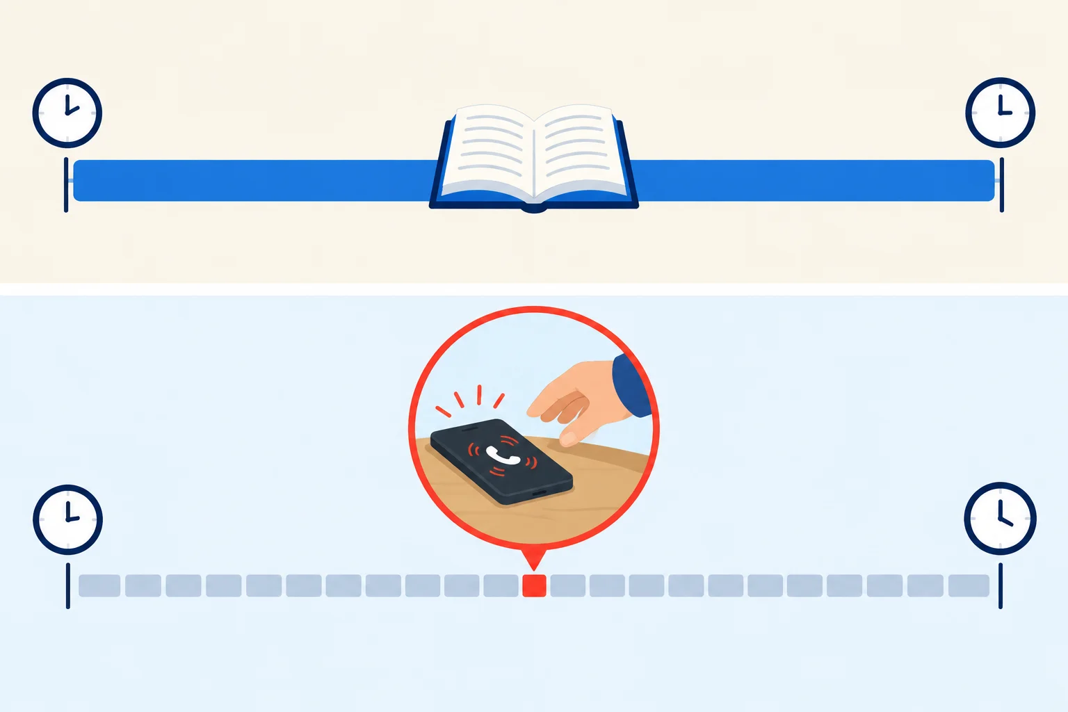 Duas linhas do tempo: uma sessão longa de estudo apresentada inteira e um toque breve de telefone observado em um instante.