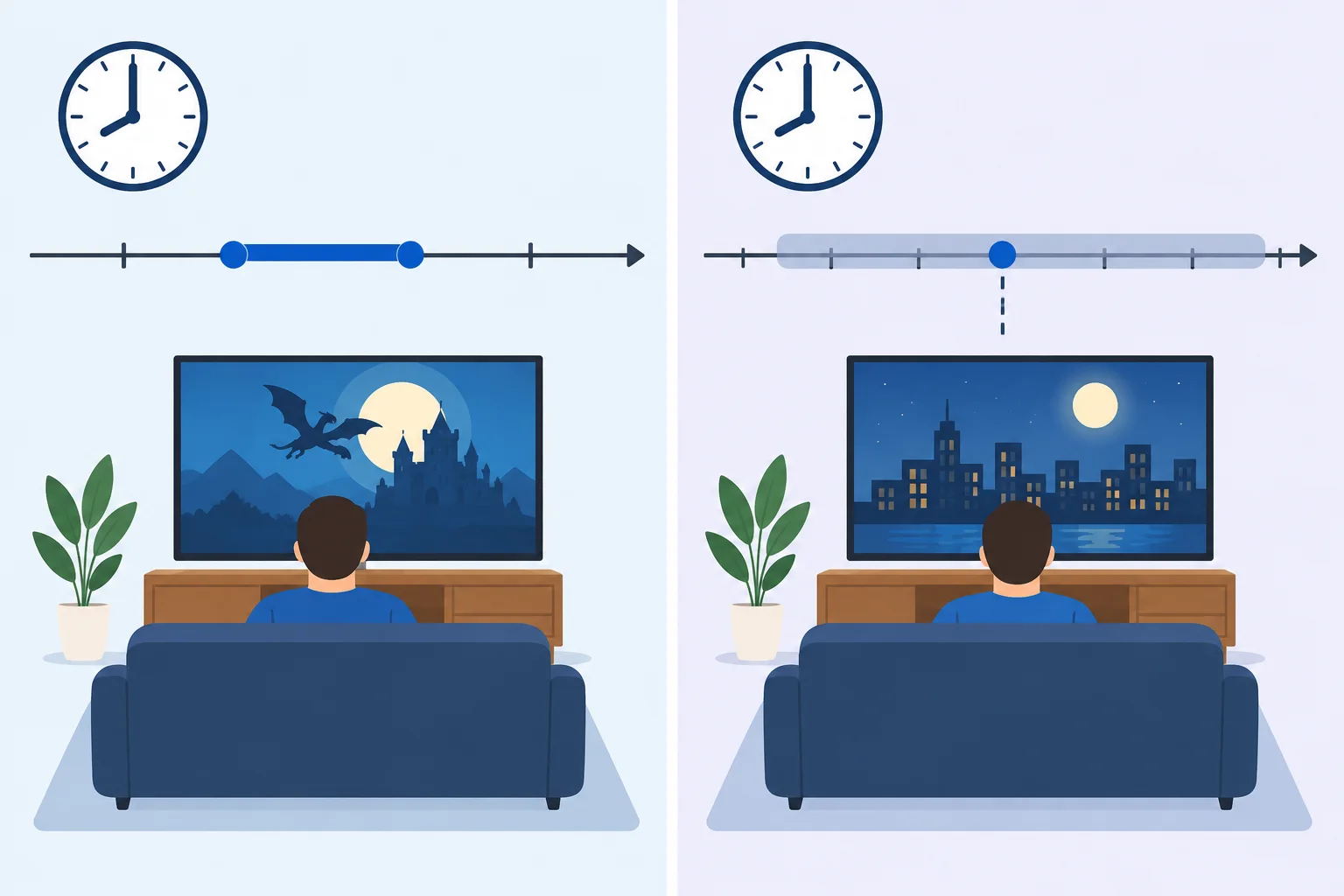 Diagrama compara assistir a um filme como evento completo e como atividade em andamento às oito da noite.