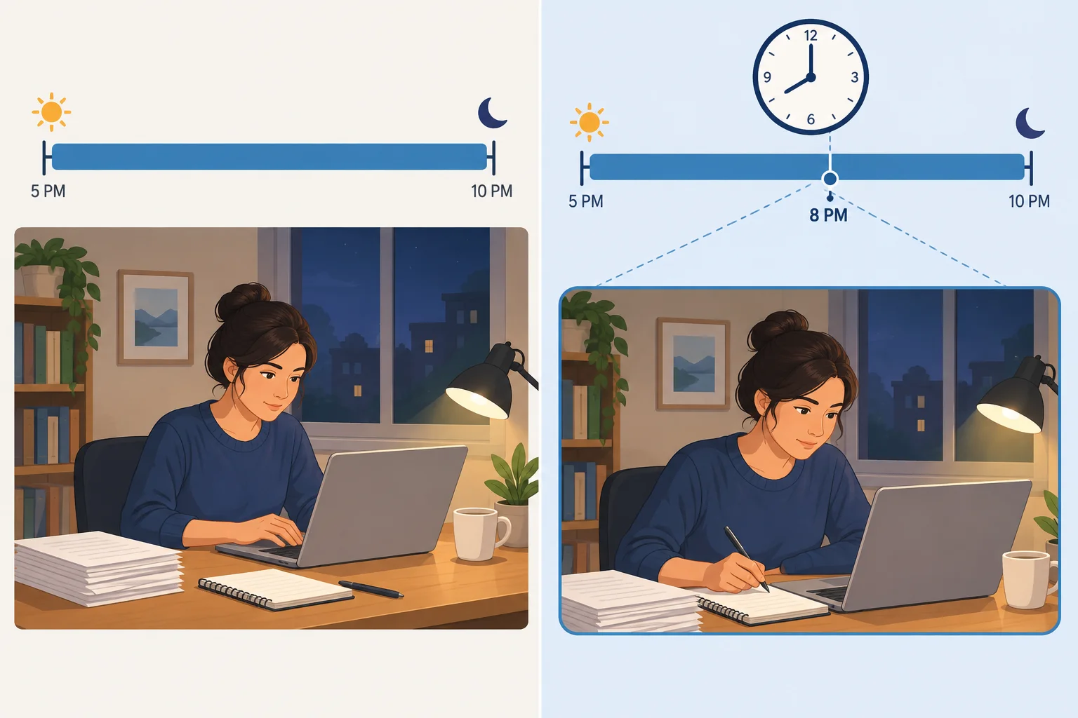 Comparação visual entre uma sessão de trabalho vista por inteiro e um recorte às oito da noite dentro da mesma sessão.