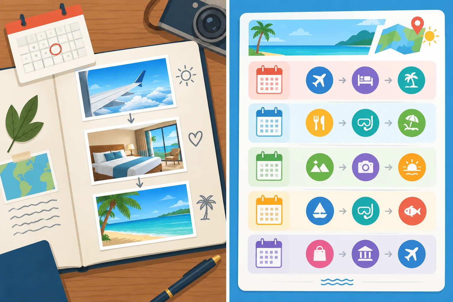 Comparação visual entre uma página de diário que registra uma viagem vivida e uma folha organizada como programação de atividades.