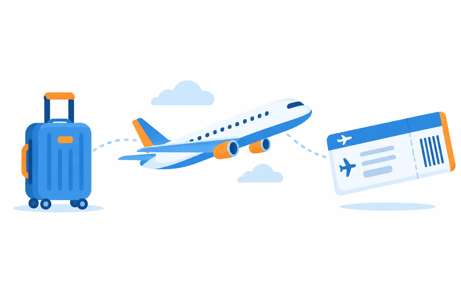 Uma mala, um avião e uma passagem representam trip, flight e ticket.