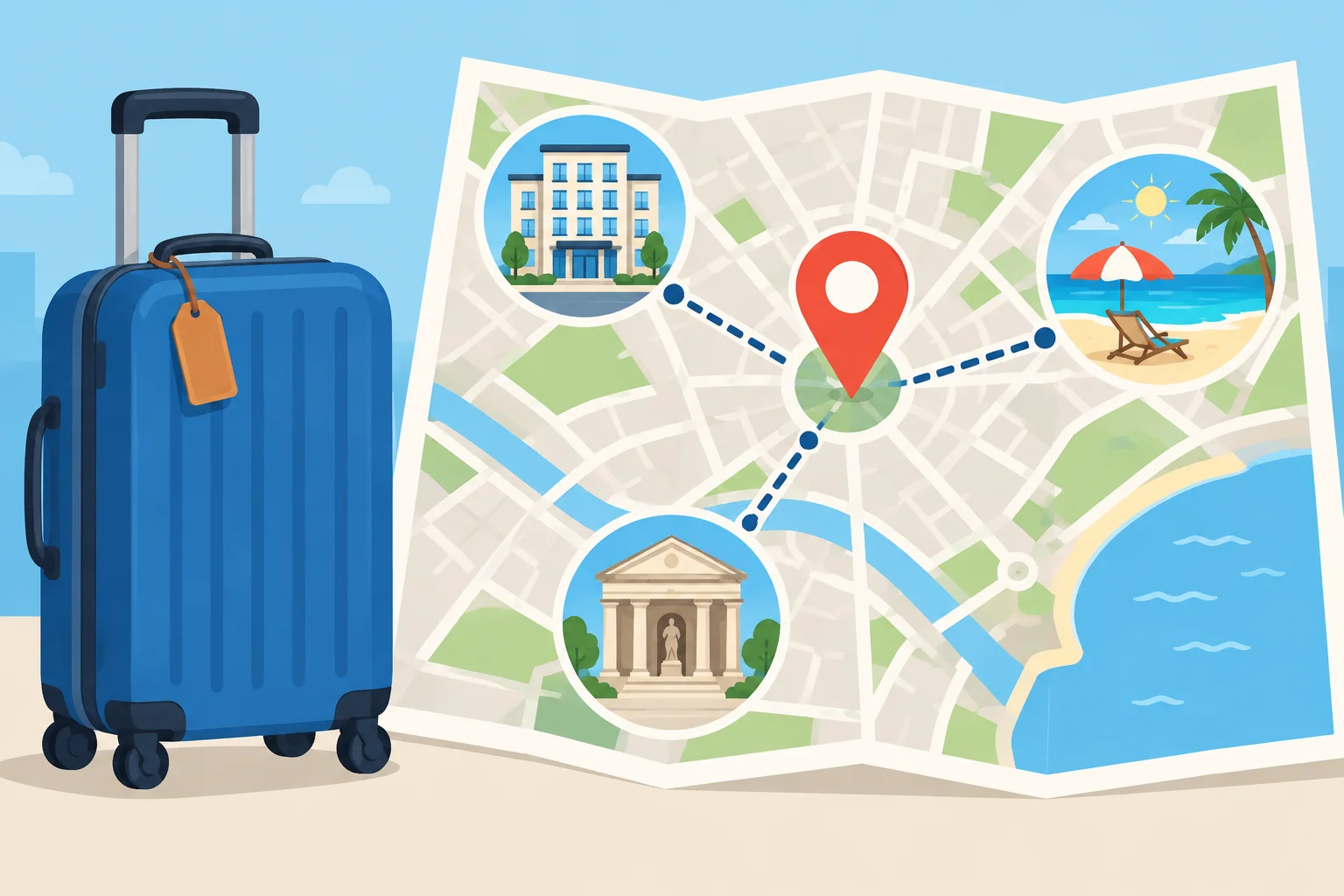 Um destino principal no mapa e três locais diferentes dentro dele: hotel, praia e museu.