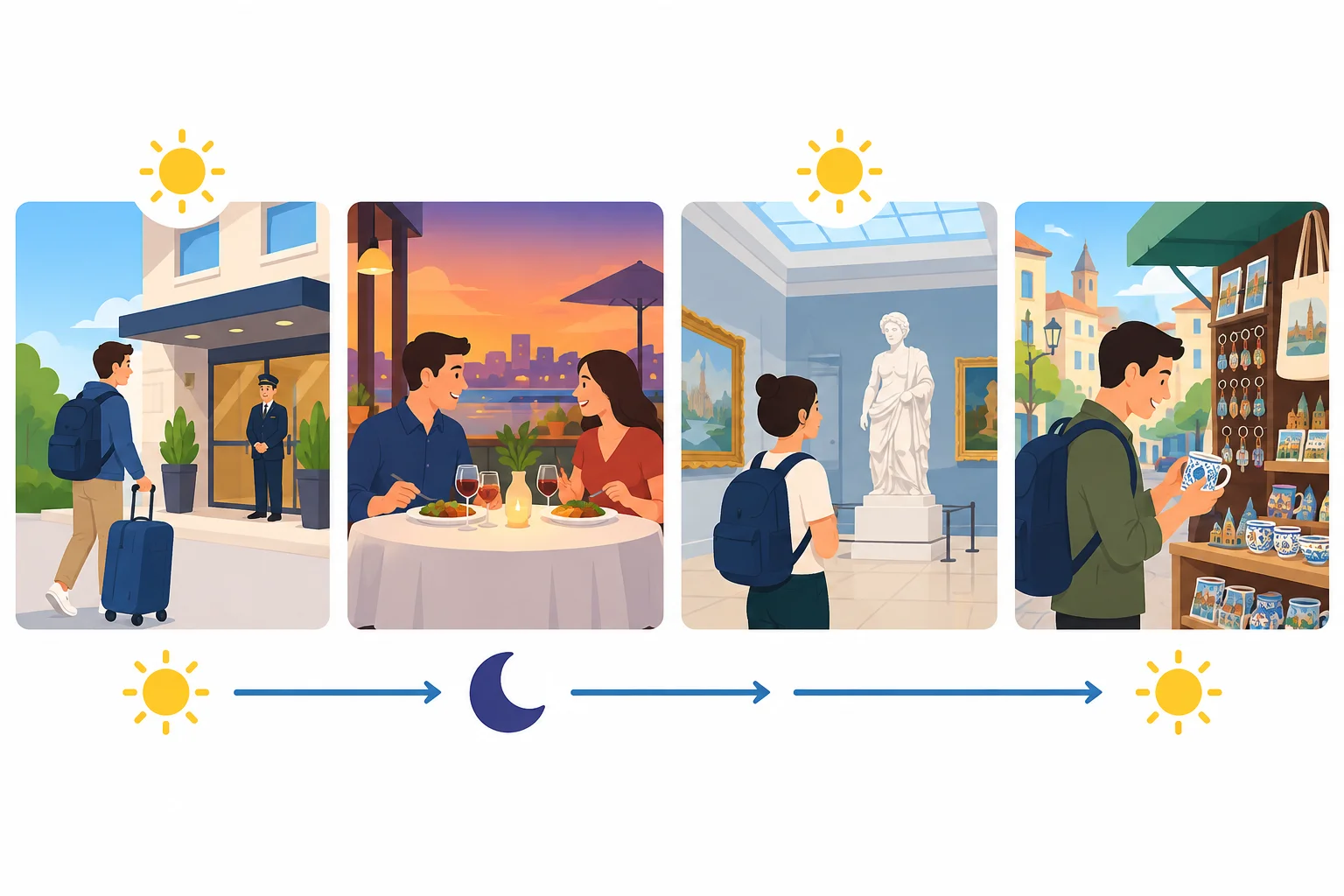Linha do tempo visual com chegada ao hotel, jantar à noite, visita a museu no dia seguinte e compra de lembranças depois.