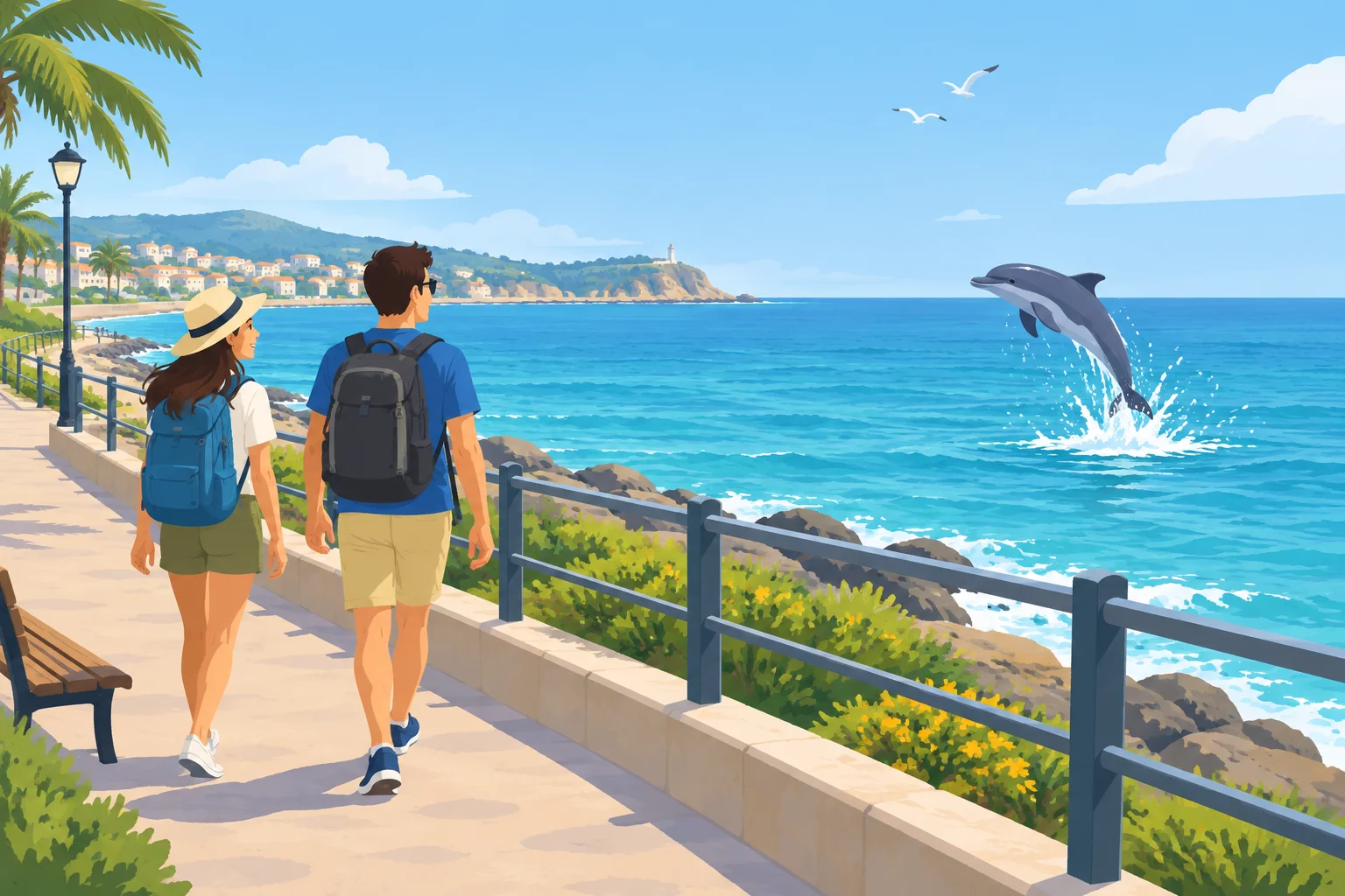 Duas pessoas caminham pela praia enquanto um golfinho salta no mar próximo.