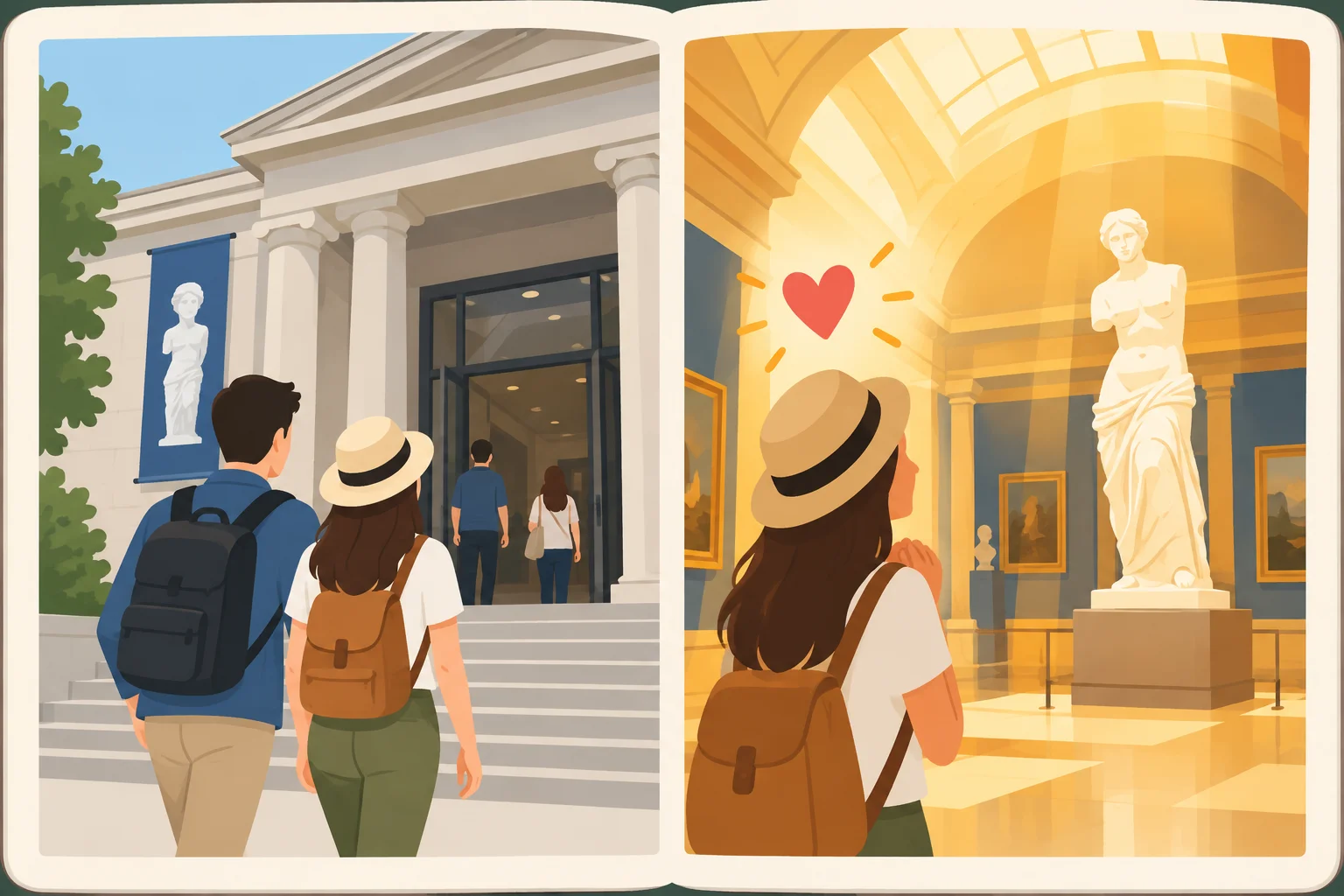 Ilustração dividida entre uma visita concreta a um museu e uma reação positiva à experiência.