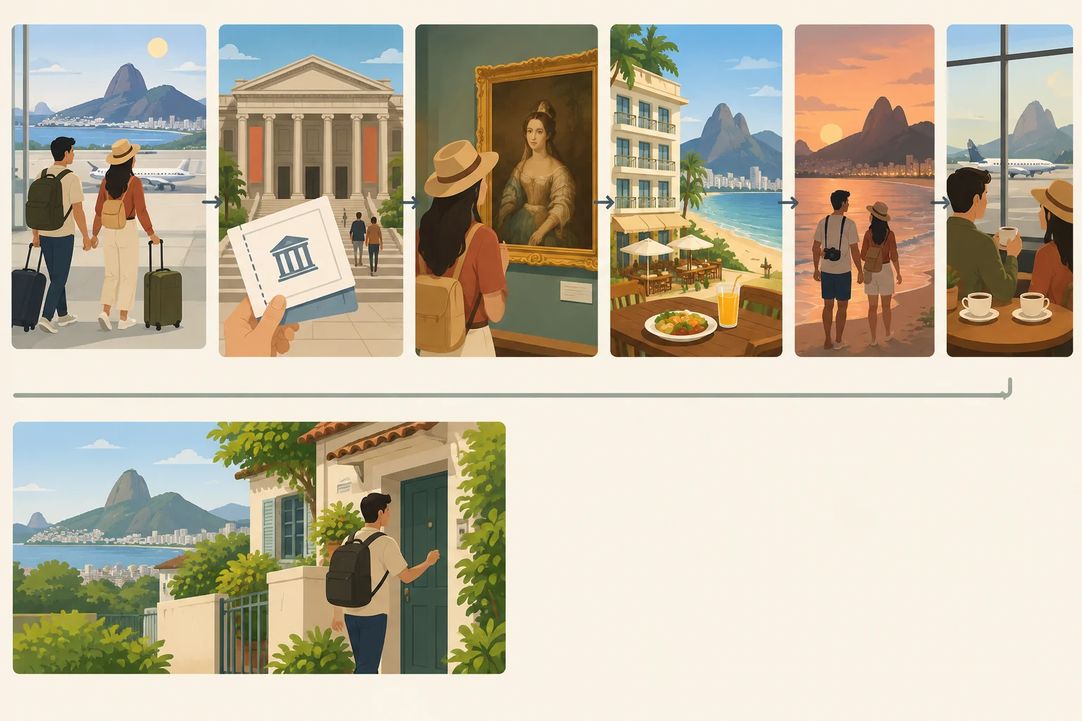 Linha do tempo ilustrada com chegada, museu, almoço perto da praia, caminhada na praia, café e uma visita no dia seguinte.