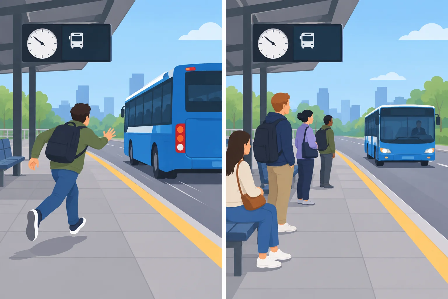 Comparação entre uma pessoa que não conseguiu embarcar em um ônibus e um ônibus que chegou depois do horário.