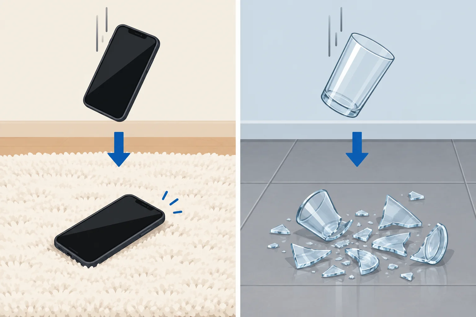 Comparação: um celular cai sobre um tapete e permanece inteiro; um copo cai no chão e se quebra.
