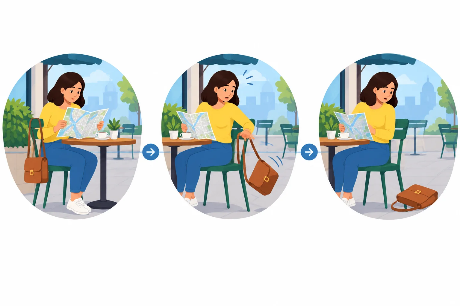 Esquema visual: uma pessoa lia um mapa em um café, a bolsa caiu da cadeira e ficou no chão.