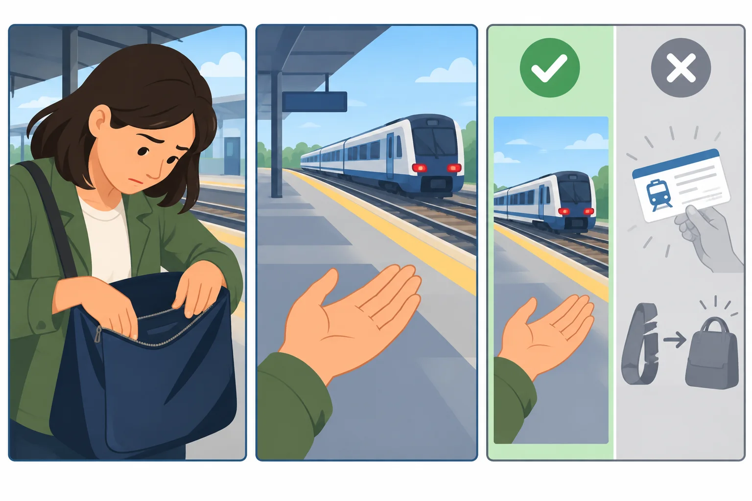 Sequência mostra uma pessoa procurando um bilhete sem encontrá-lo antes de um trem partir; resultados imaginados aparecem apagados.