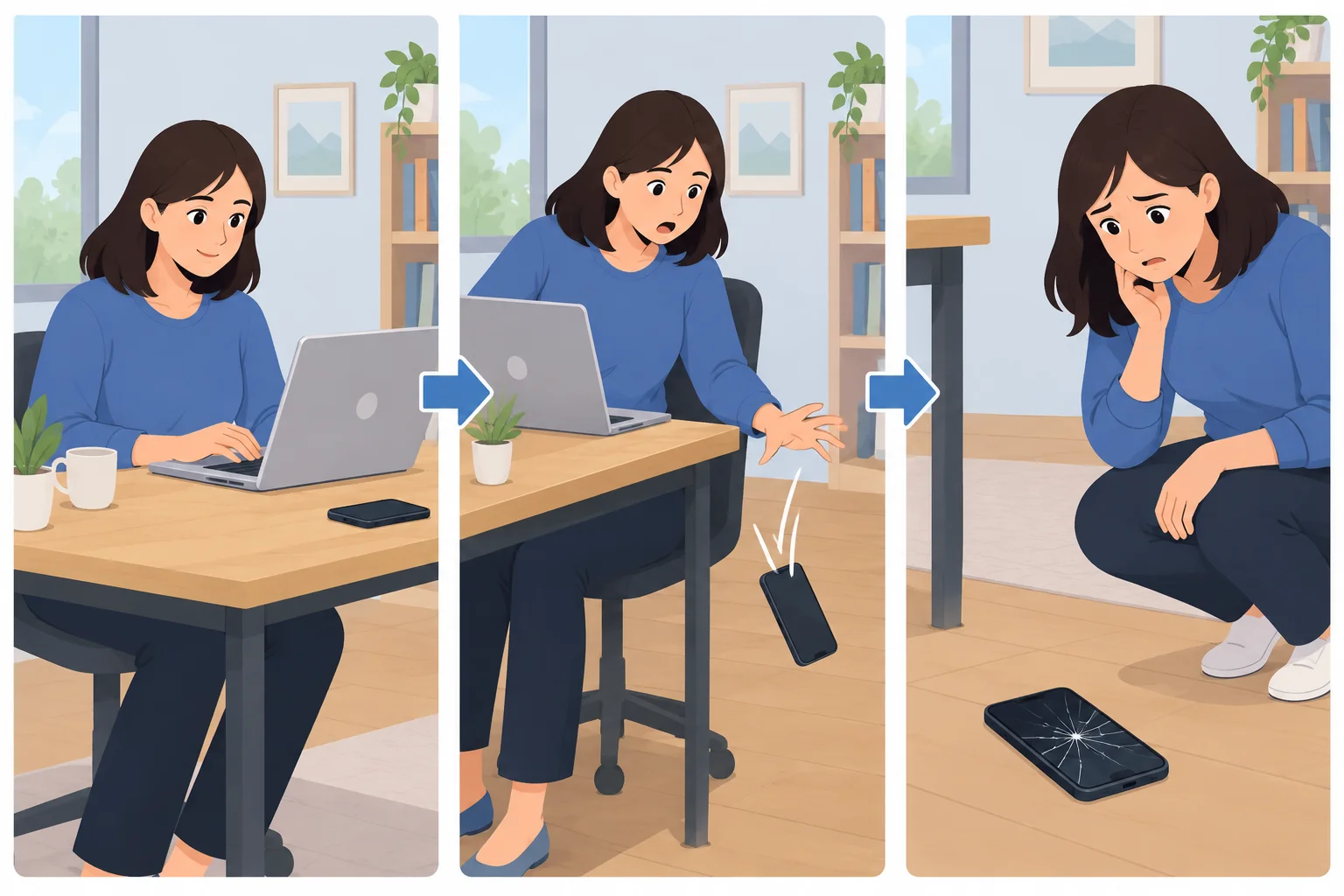 Três cenas em sequência: uma pessoa escrevendo no laptop, o celular caindo da mesa e o celular com a tela quebrada no chão.
