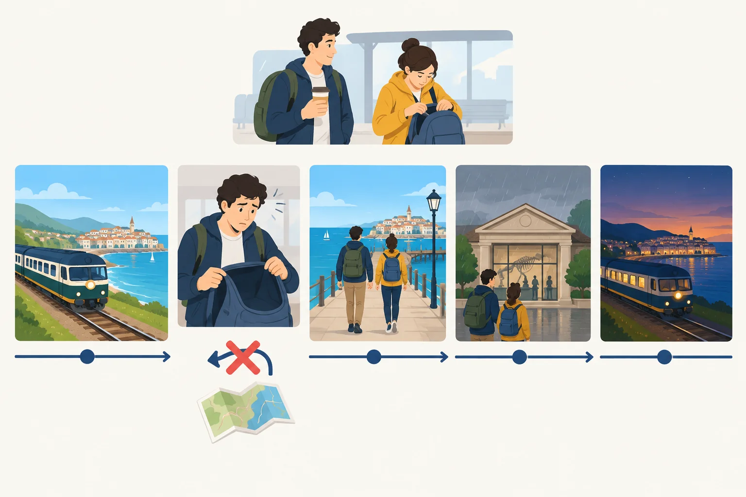 Linha do tempo com trem de ida, mapa esquecido, caminhada ao píer, museu e trem de volta; uma ação de comprar café ocorre em paralelo e a volta para buscar o mapa está riscada.