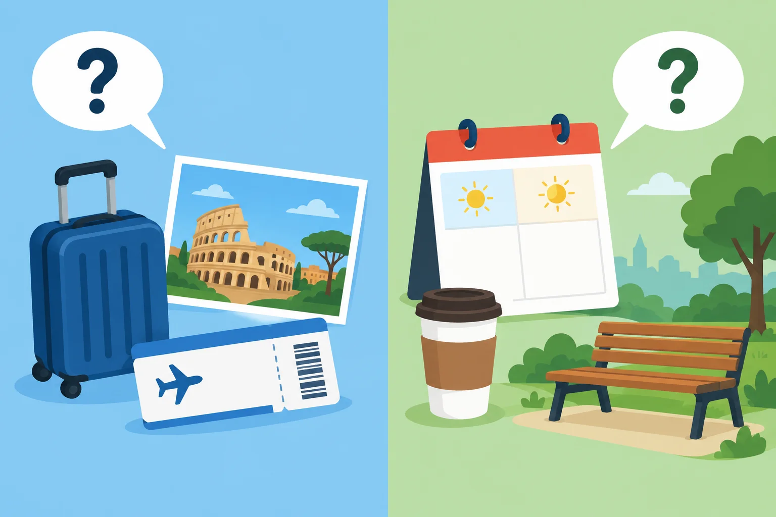 Comparação visual entre uma viagem concluída e um fim de semana concluído, cada um associado a uma pergunta de abertura.