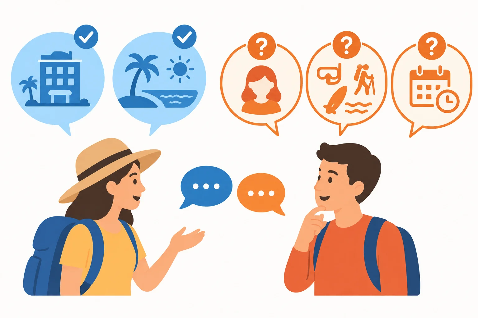 Esquema visual que separa informações já dadas — hotel e praia — de detalhes ainda desconhecidos, como companhia, atividades e duração.