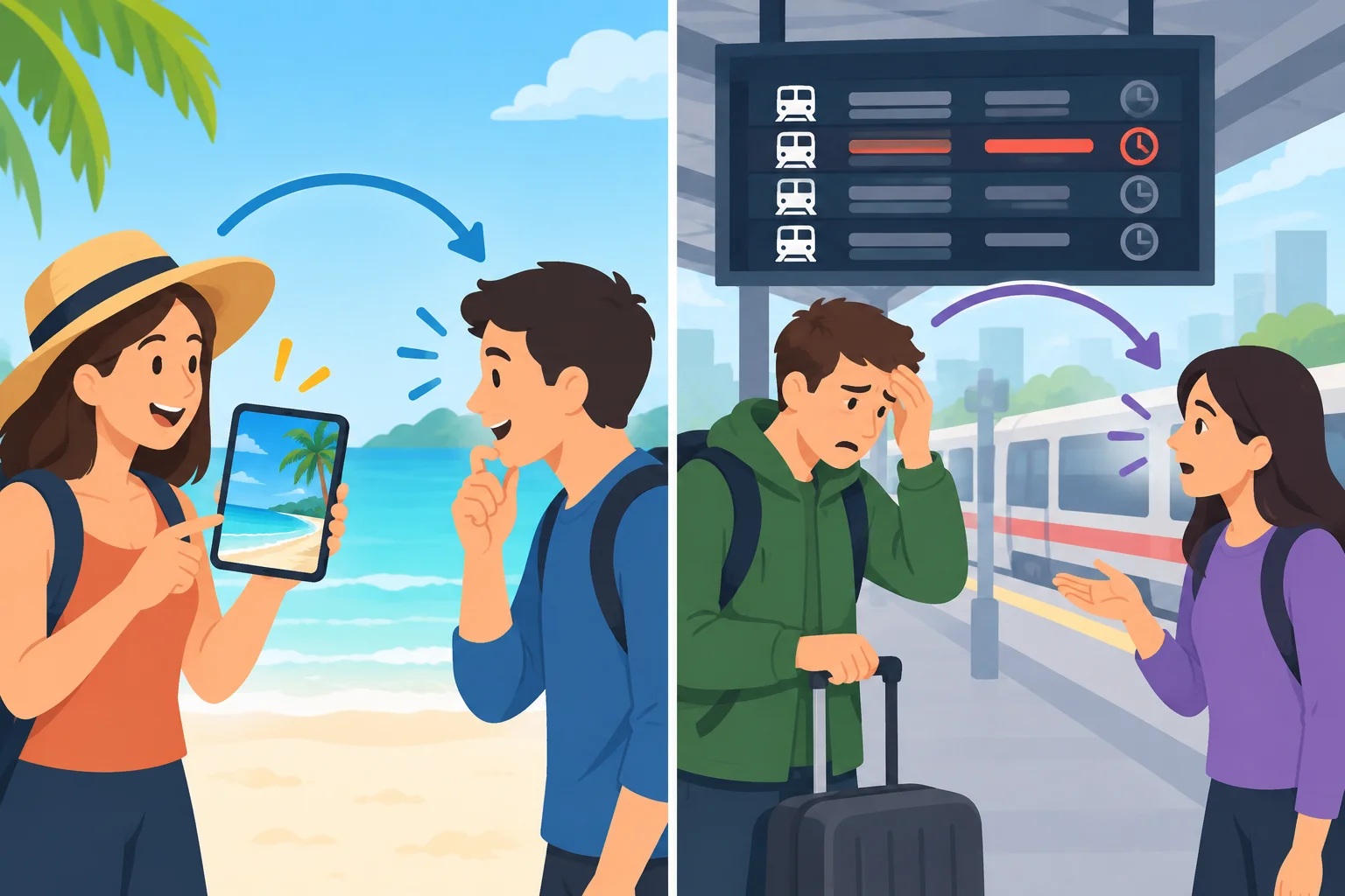 Comparação visual entre uma notícia positiva de viagem e um imprevisto frustrante, seguida por interesse do interlocutor.