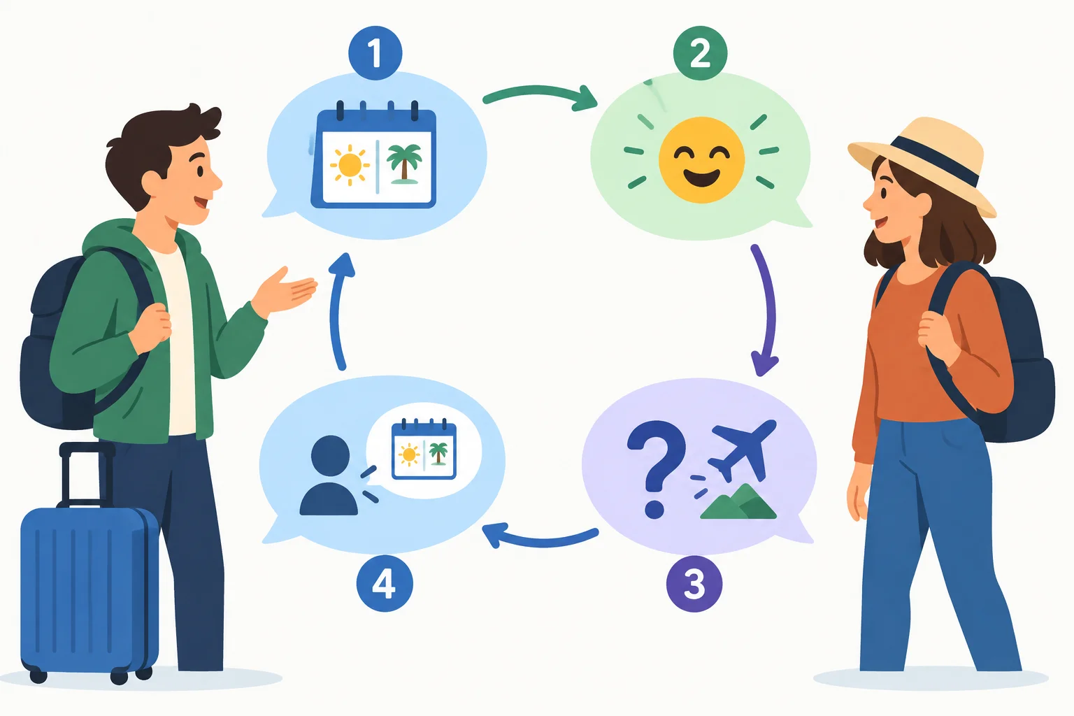 Diagrama com duas pessoas alternando falas: abertura, resposta com fato, reação com pergunta e devolução do turno.