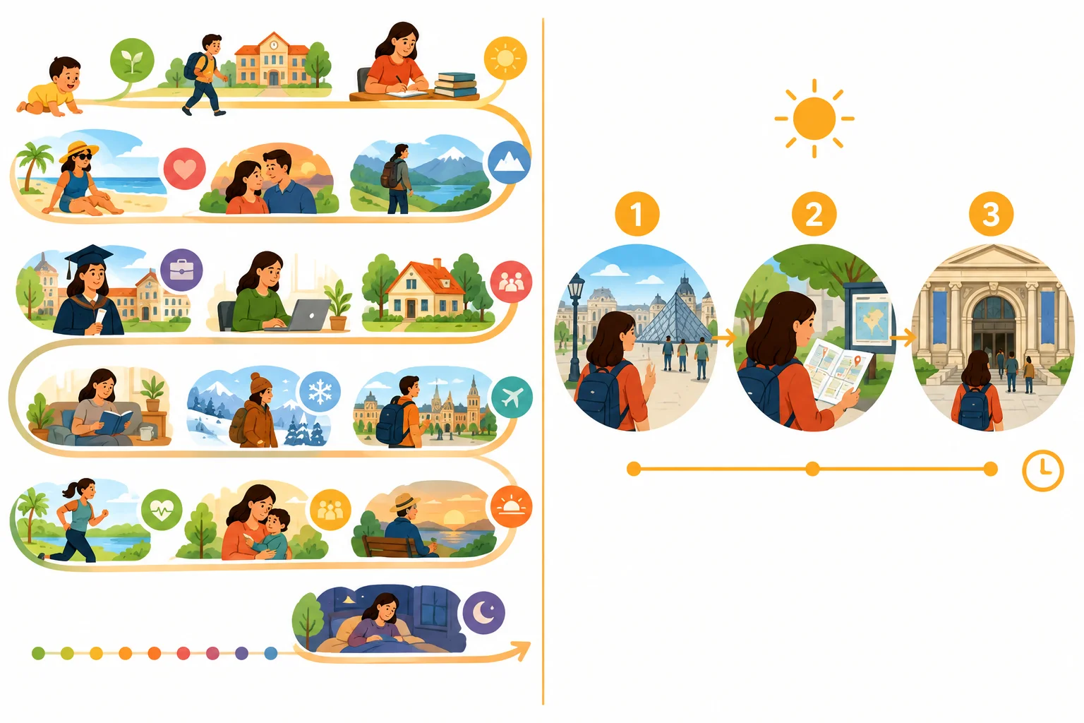 Comparação entre uma linha do tempo muito longa e um episódio curto com três momentos.