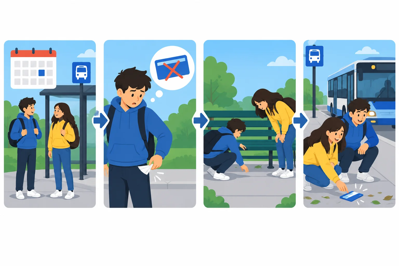 Linha do tempo visual: duas pessoas chegam ao ponto, uma percebe que perdeu o cartão, elas procuram e encontram o cartão antes de o ônibus chegar.
