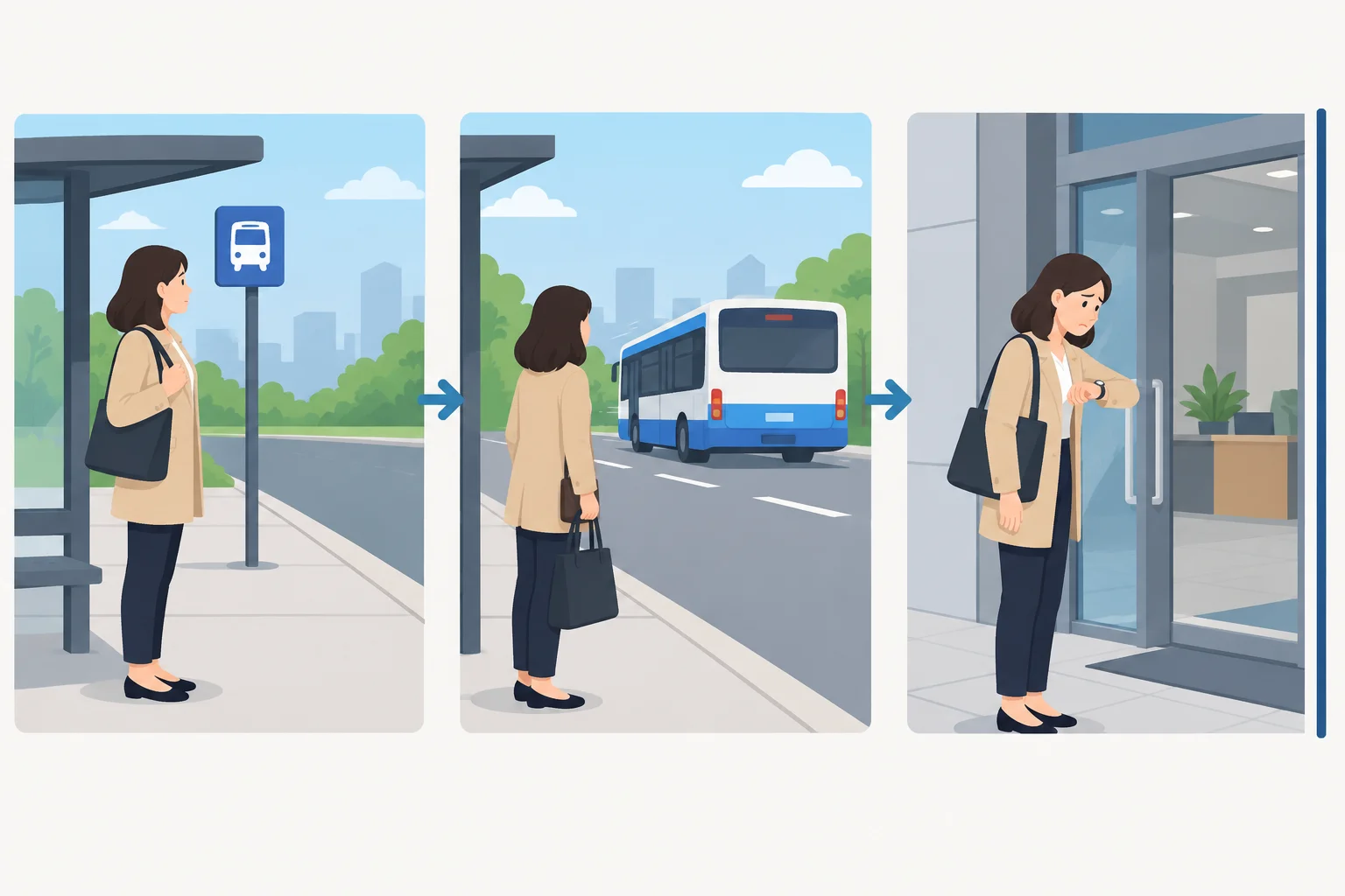 Linha do tempo visual: uma pessoa espera no ponto, perde o ônibus e chega atrasada ao trabalho.