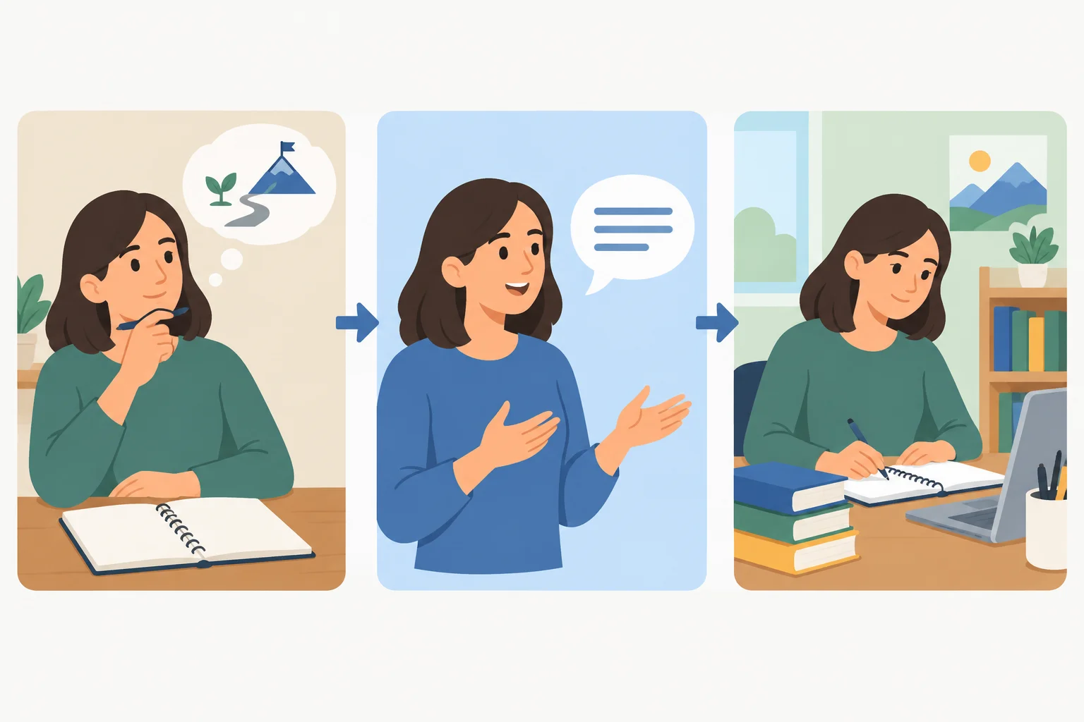 Diagrama com três momentos: uma pessoa considera estudar, declara seu plano e vê uma possível cena futura de estudo.