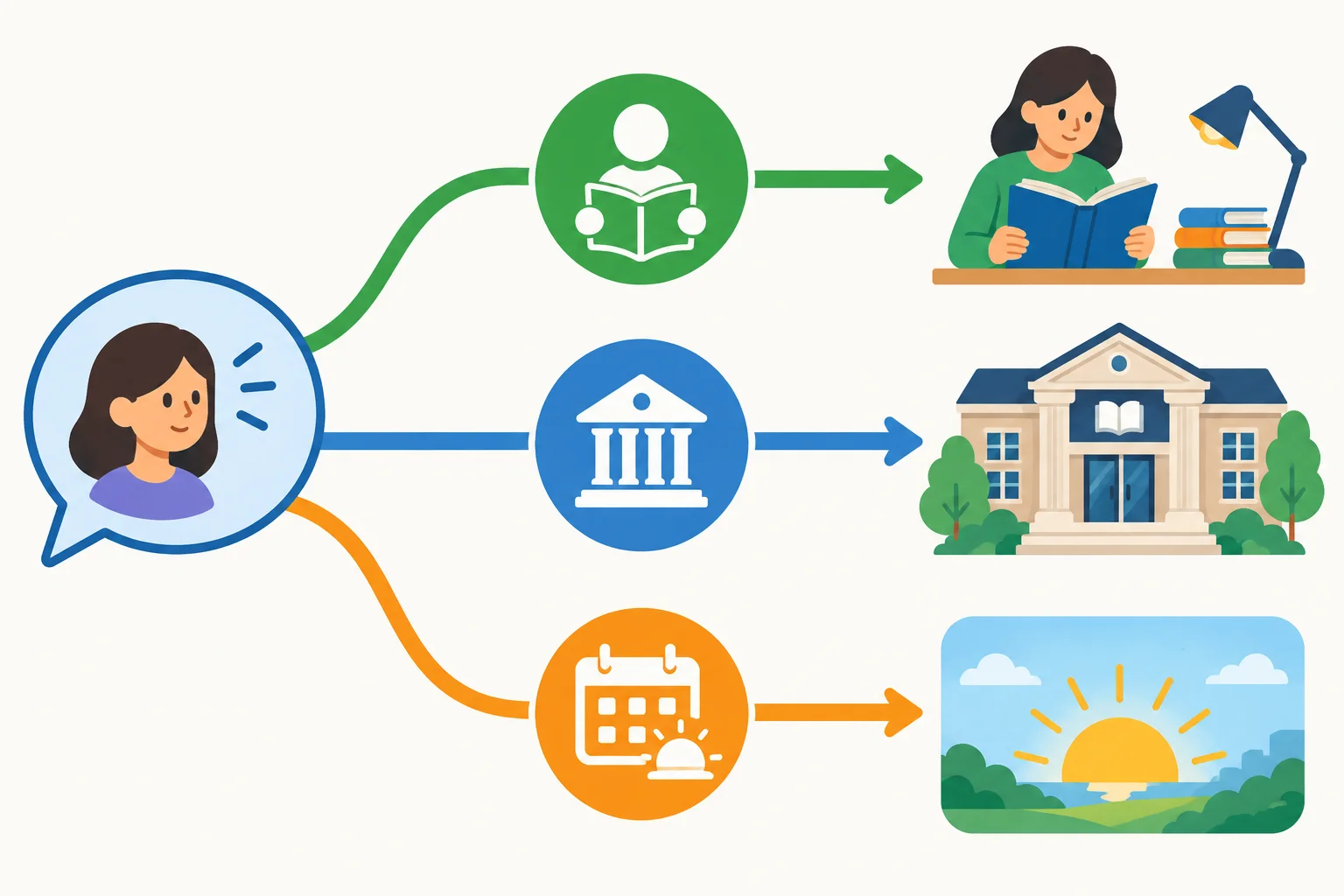 Diagrama com uma intenção futura ligada a três tipos de detalhe: ação, lugar e momento.