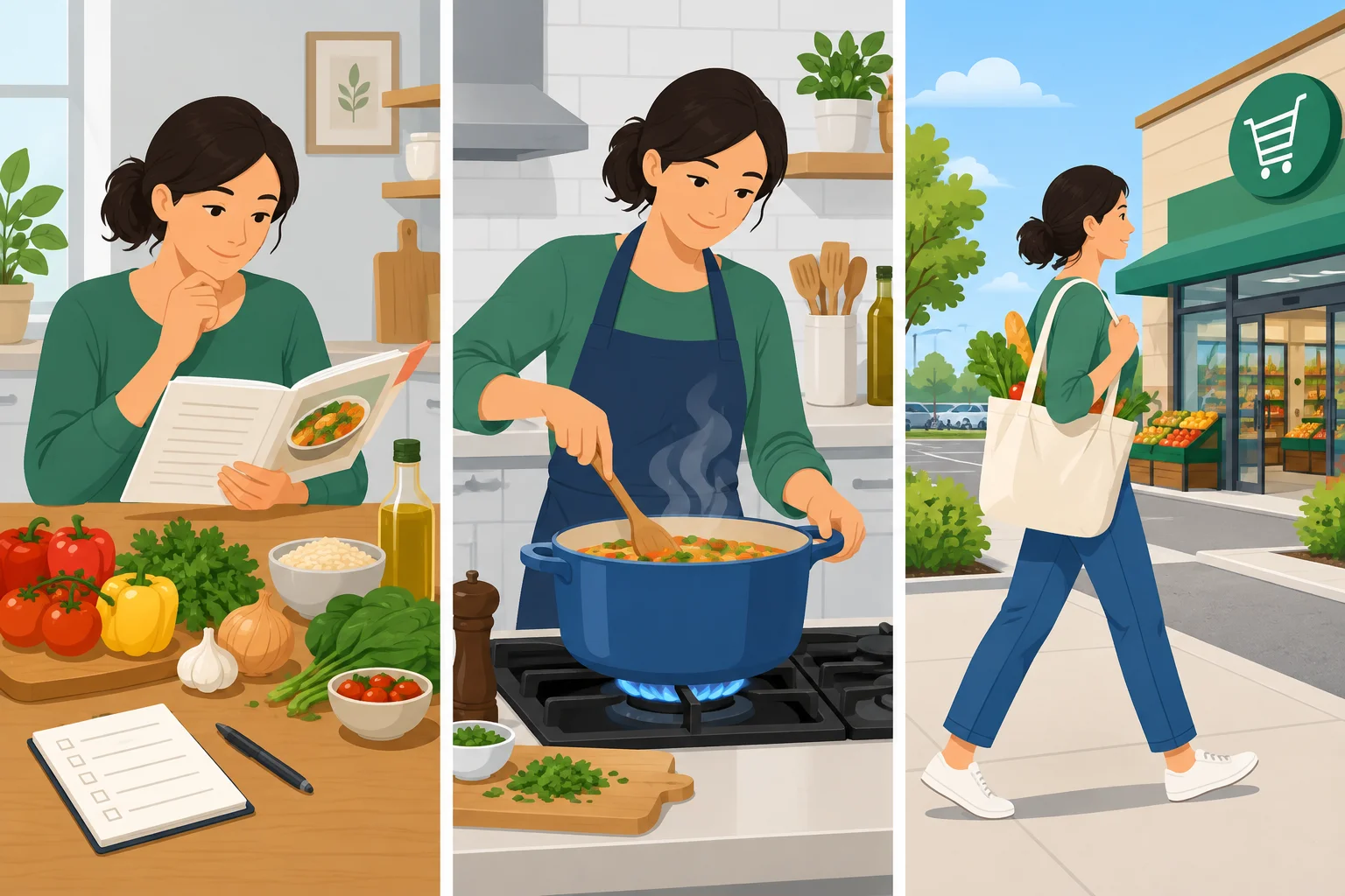 Três cenas lado a lado: uma pessoa planejando cozinhar, cozinhando e caminhando até um mercado.