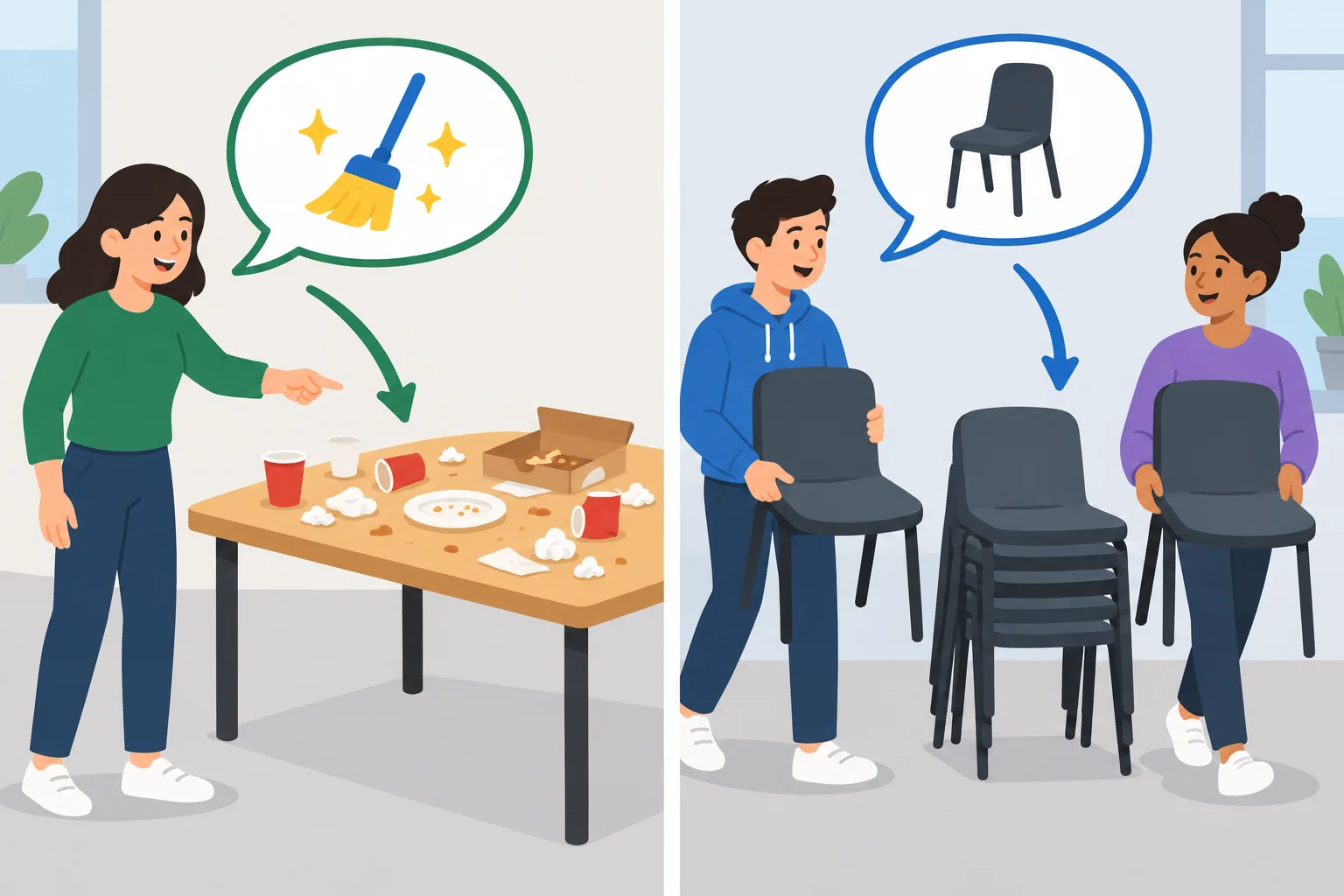 Dois exemplos visuais: uma pessoa assume limpar uma mesa; duas pessoas assumem levar cadeiras.