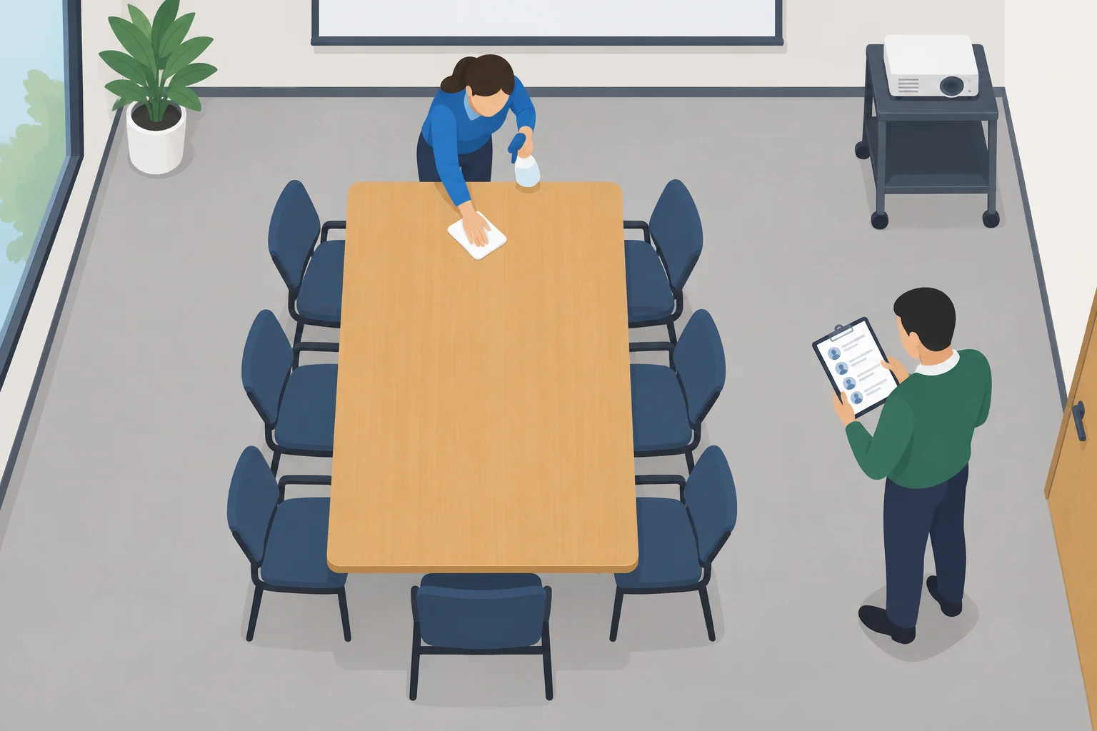 Diagrama visual de uma sala de reunião: uma pessoa limpa a mesa, há cadeiras para levar, um projetor que permanece no lugar e outra pessoa confere uma lista.