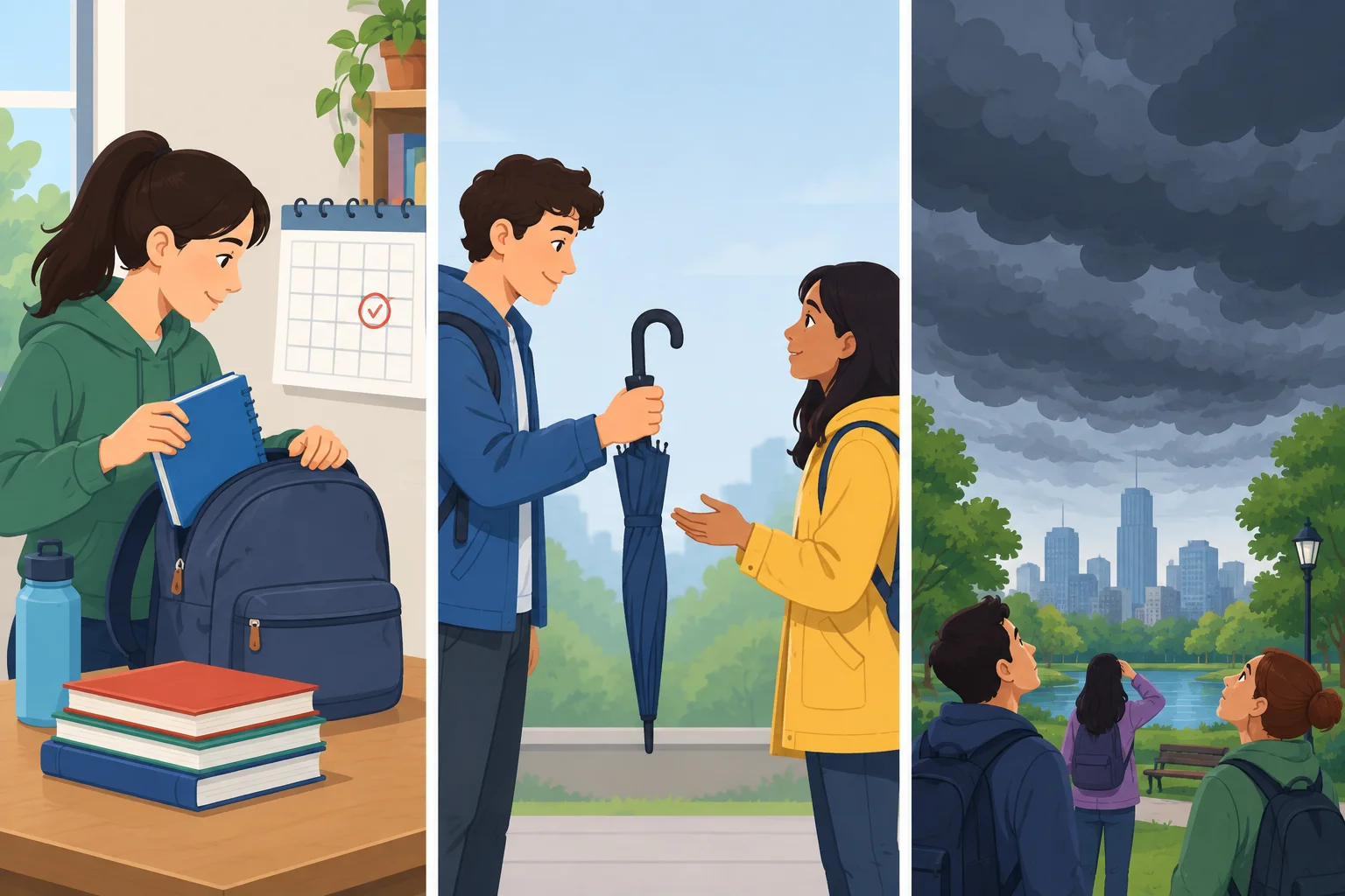 Três situações lado a lado: uma estudante preparando livros, uma pessoa oferecendo um guarda-chuva e nuvens escuras sobre um parque.