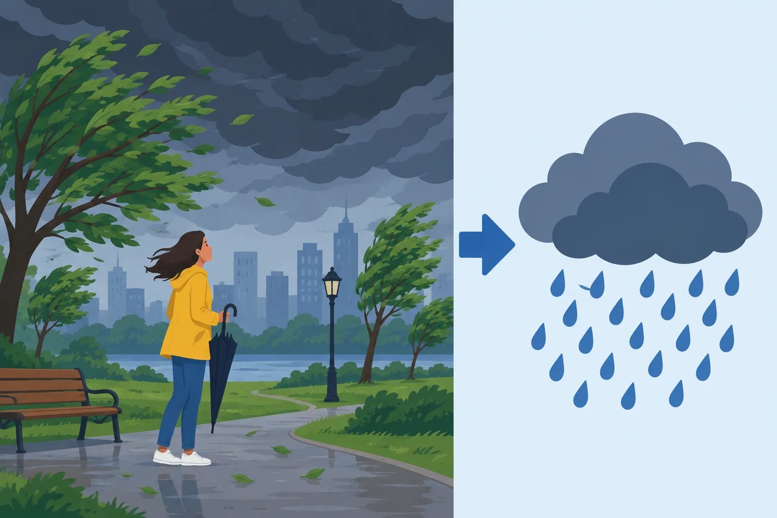 Cena com céu muito escuro e vento como sinais presentes, conectados visualmente à previsão de chuva.