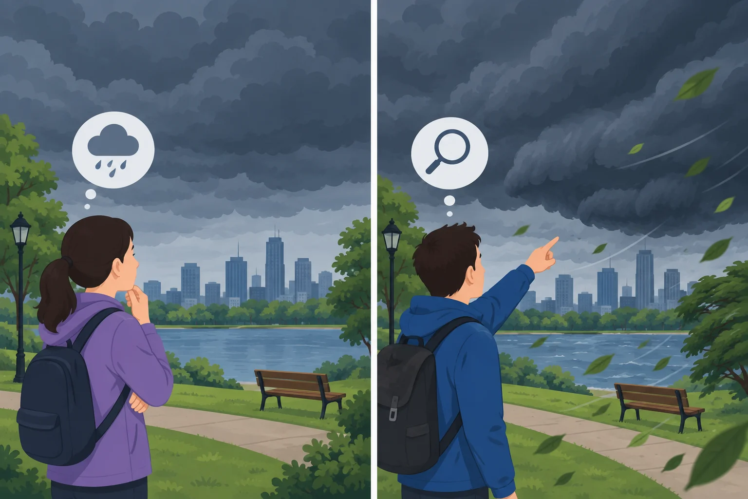 Comparação visual da mesma cena de céu escuro: à esquerda, uma pessoa pensando no que pode acontecer; à direita, uma pessoa apontando para as nuvens e folhas levadas pelo vento.
