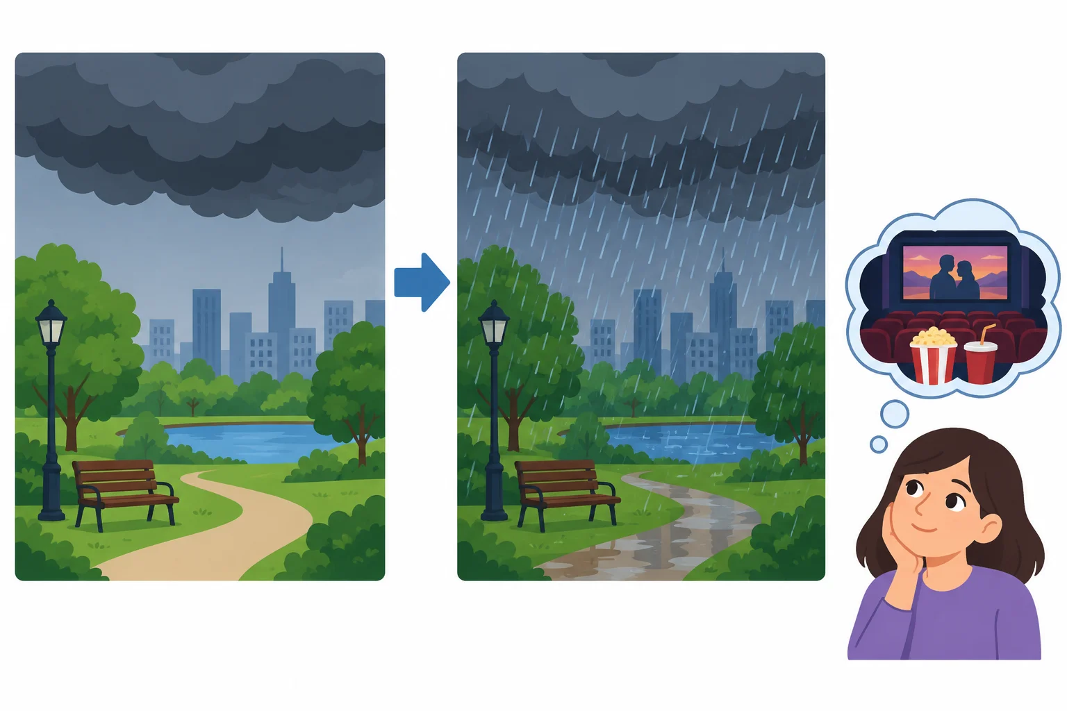 Diagrama com nuvens escuras como sinal presente apontando para chuva futura, ao lado de uma pessoa pensando em uma previsão.