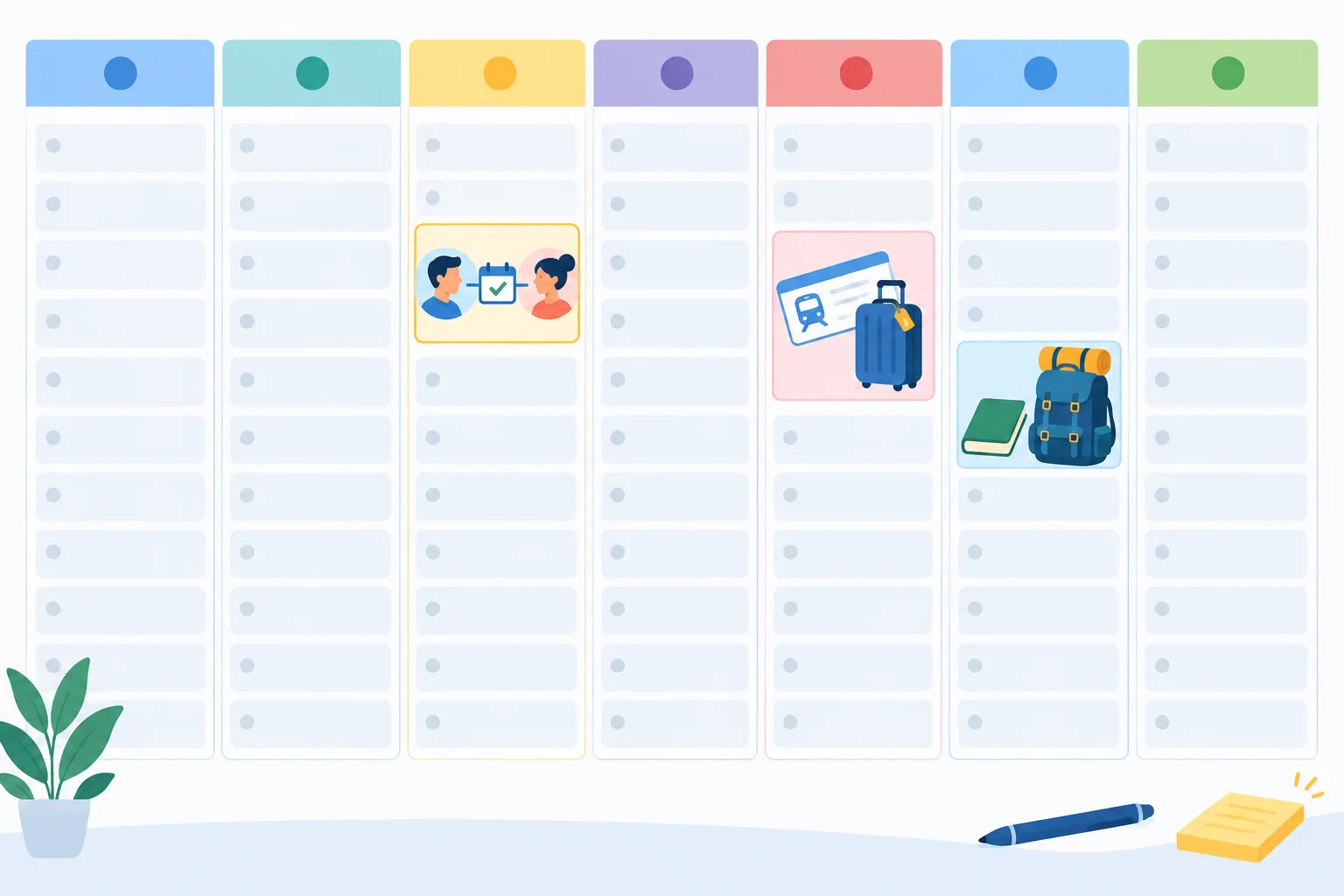 Agenda visual com um encontro, uma viagem e preparação para estudar em datas futuras.