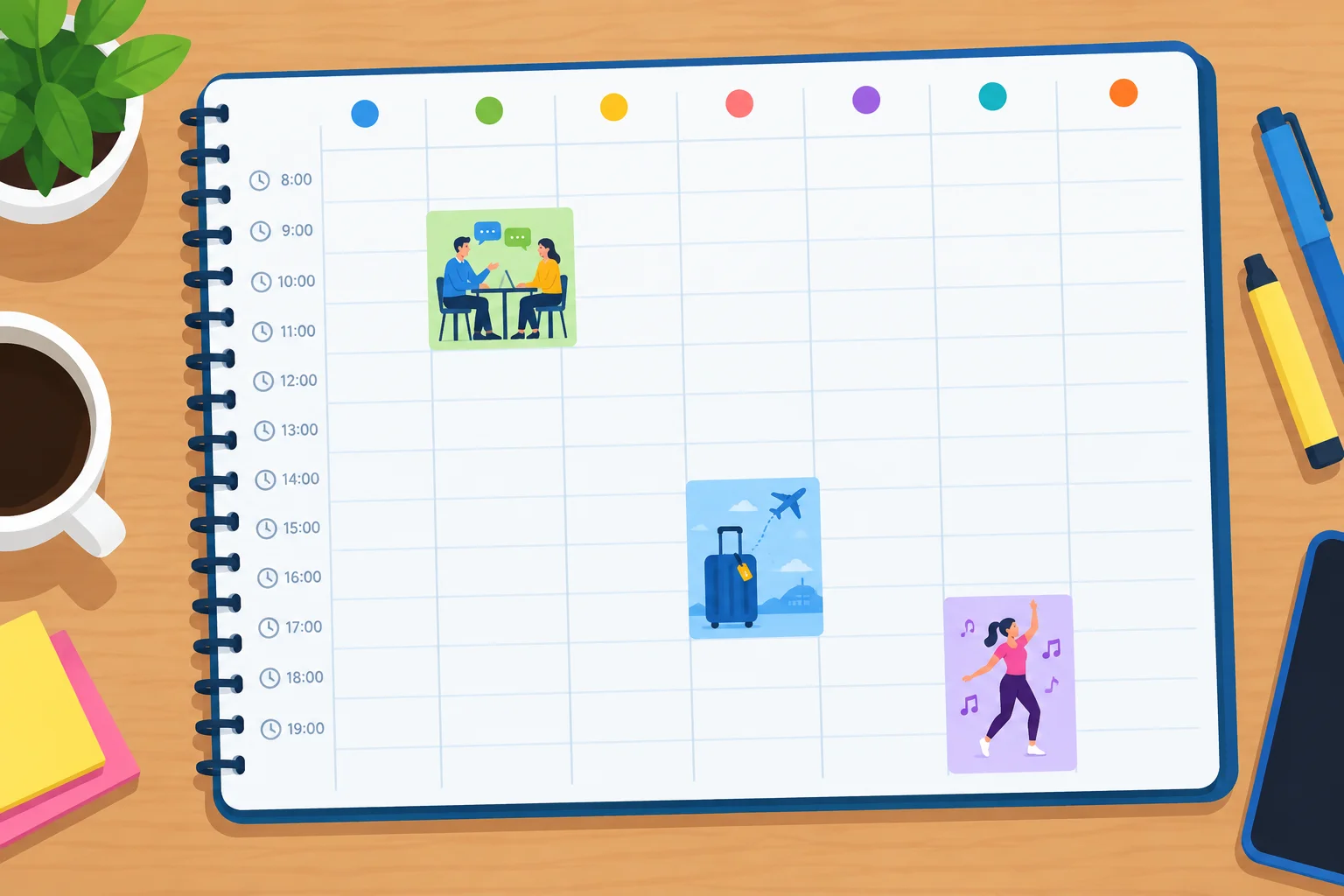 Agenda visual com três blocos de compromissos: um encontro, uma viagem e uma aula de dança.