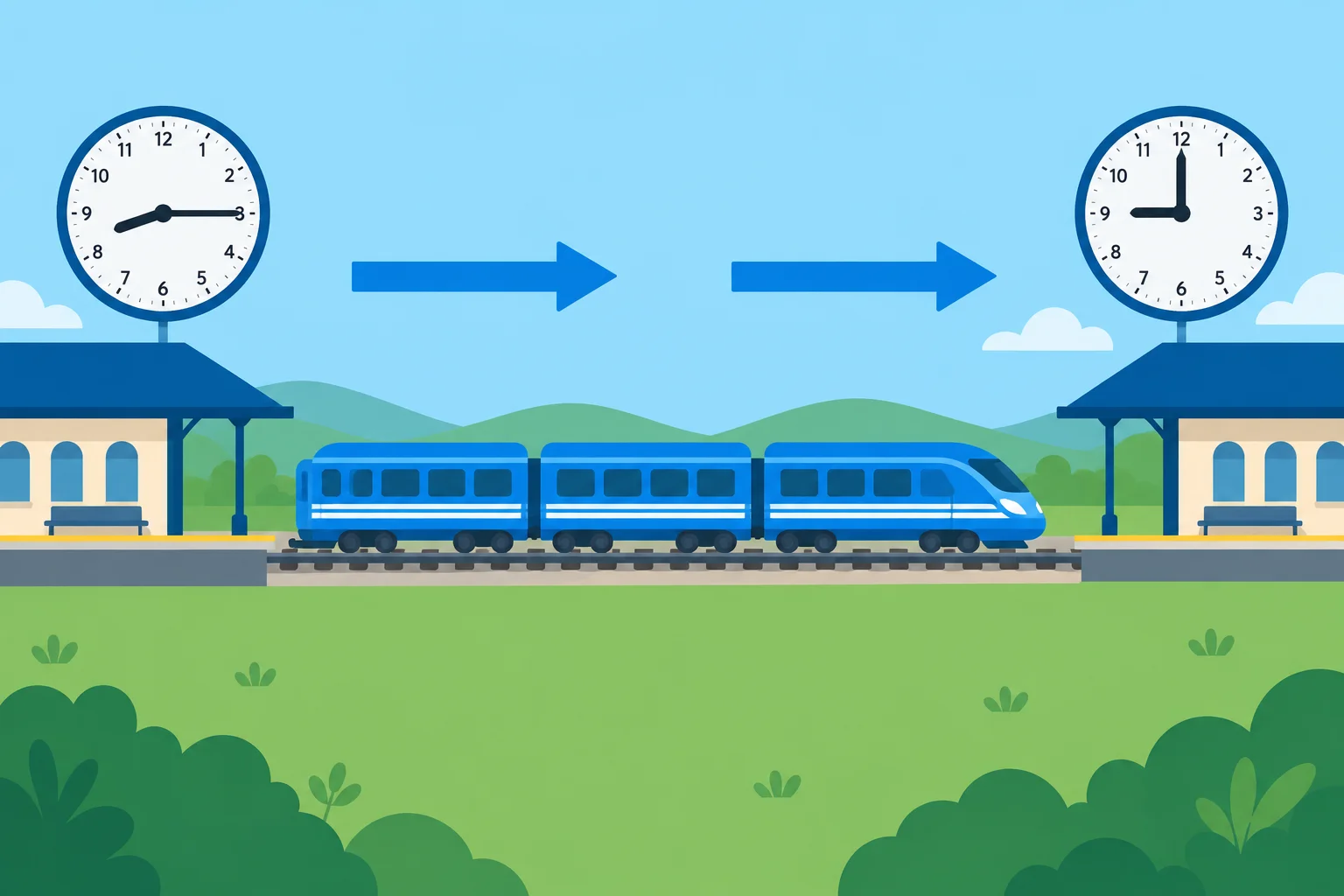 Um trem sai de uma estação às 8h15 e chega a outra às 9h.
