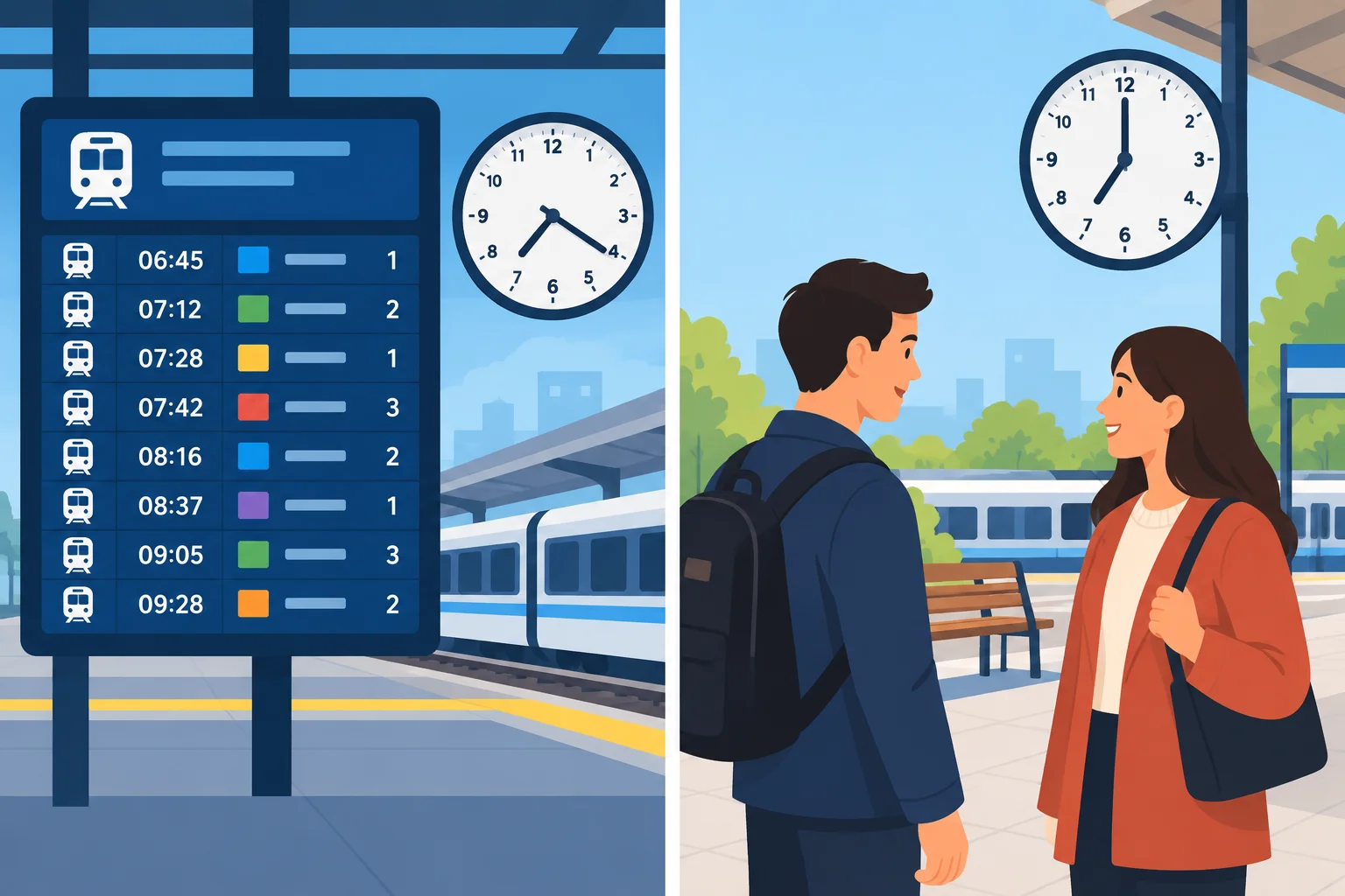 Comparação visual entre o horário publicado de um trem e um encontro combinado entre duas pessoas na estação.