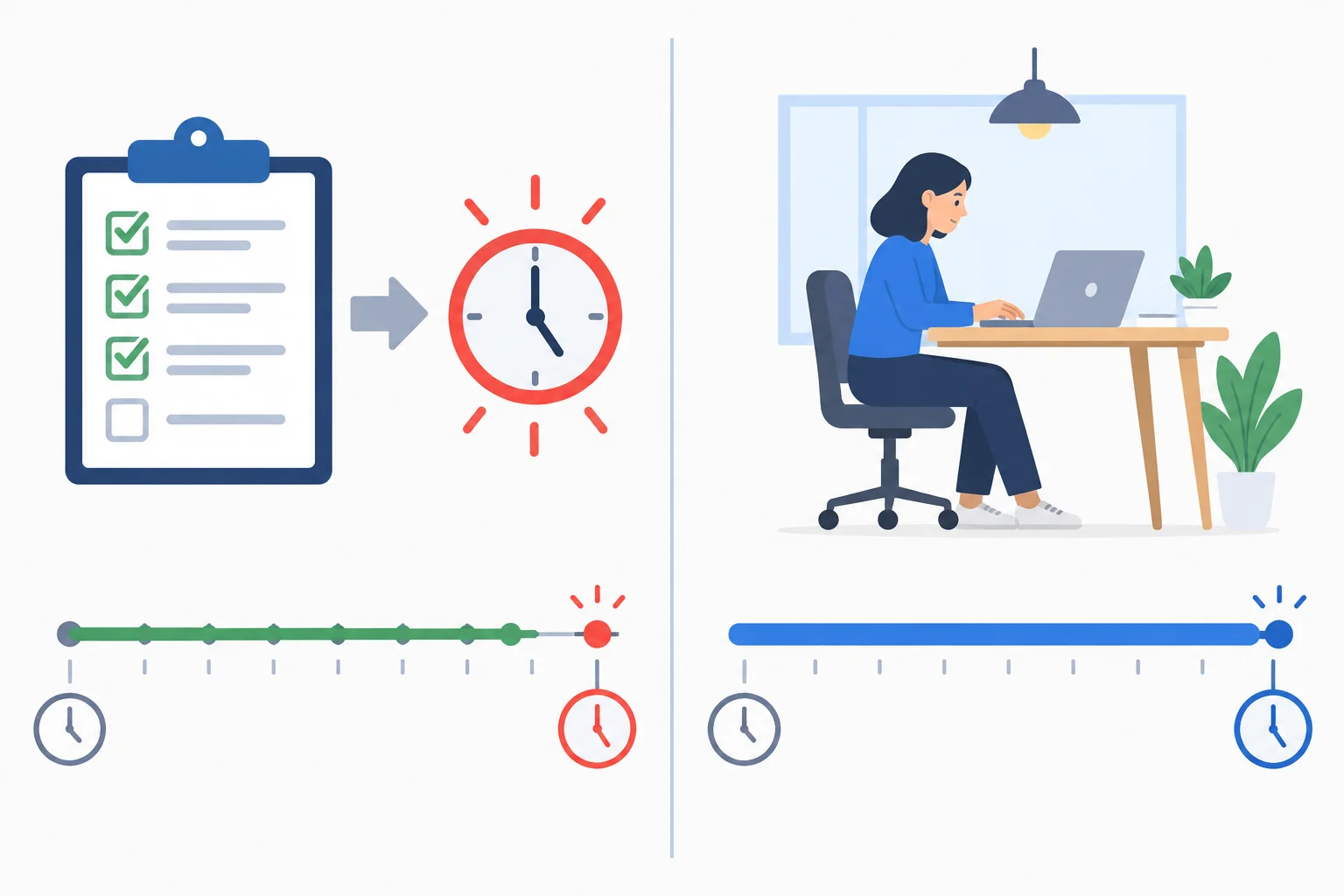 Comparação visual entre uma tarefa que precisa ser concluída até um ponto final e uma atividade que continua ao longo de uma faixa até o mesmo ponto.
