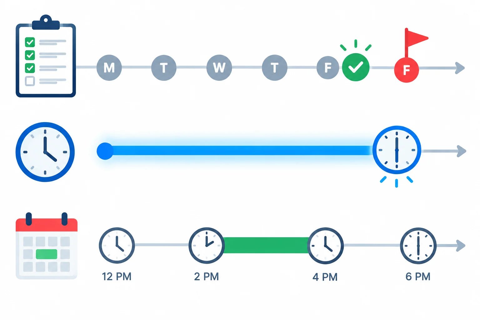 Linha do tempo com um prazo final para tarefa, uma atividade que continua até um horário e um intervalo de disponibilidade entre dois horários.