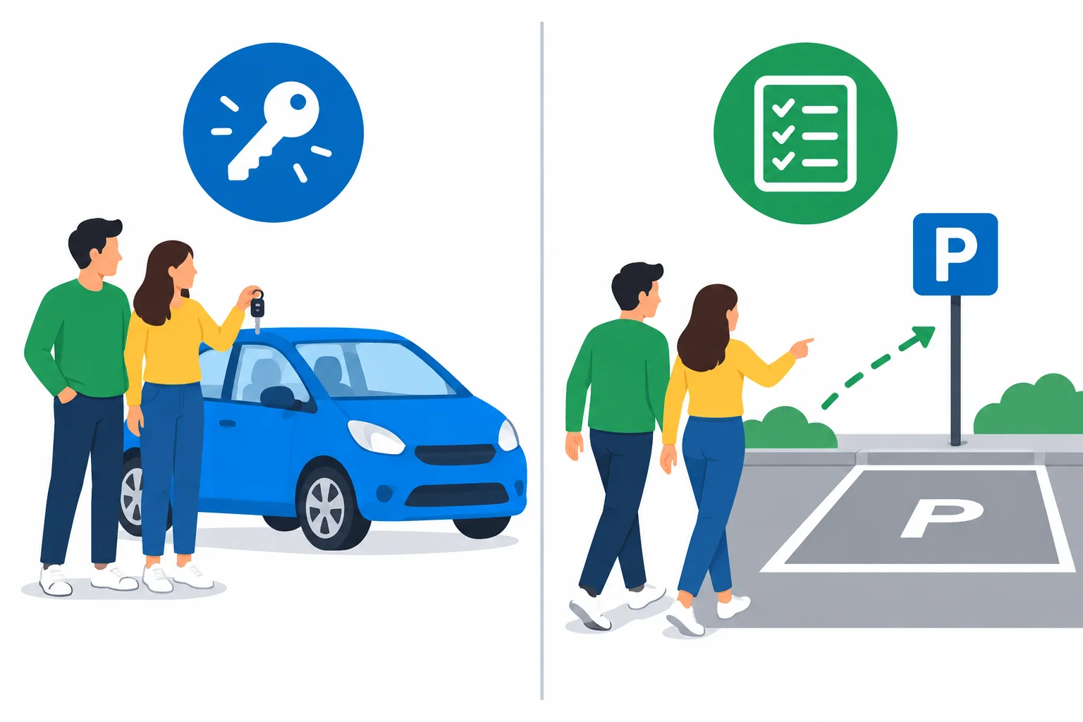 Comparação visual entre ter um carro e precisar estacionar em um local.