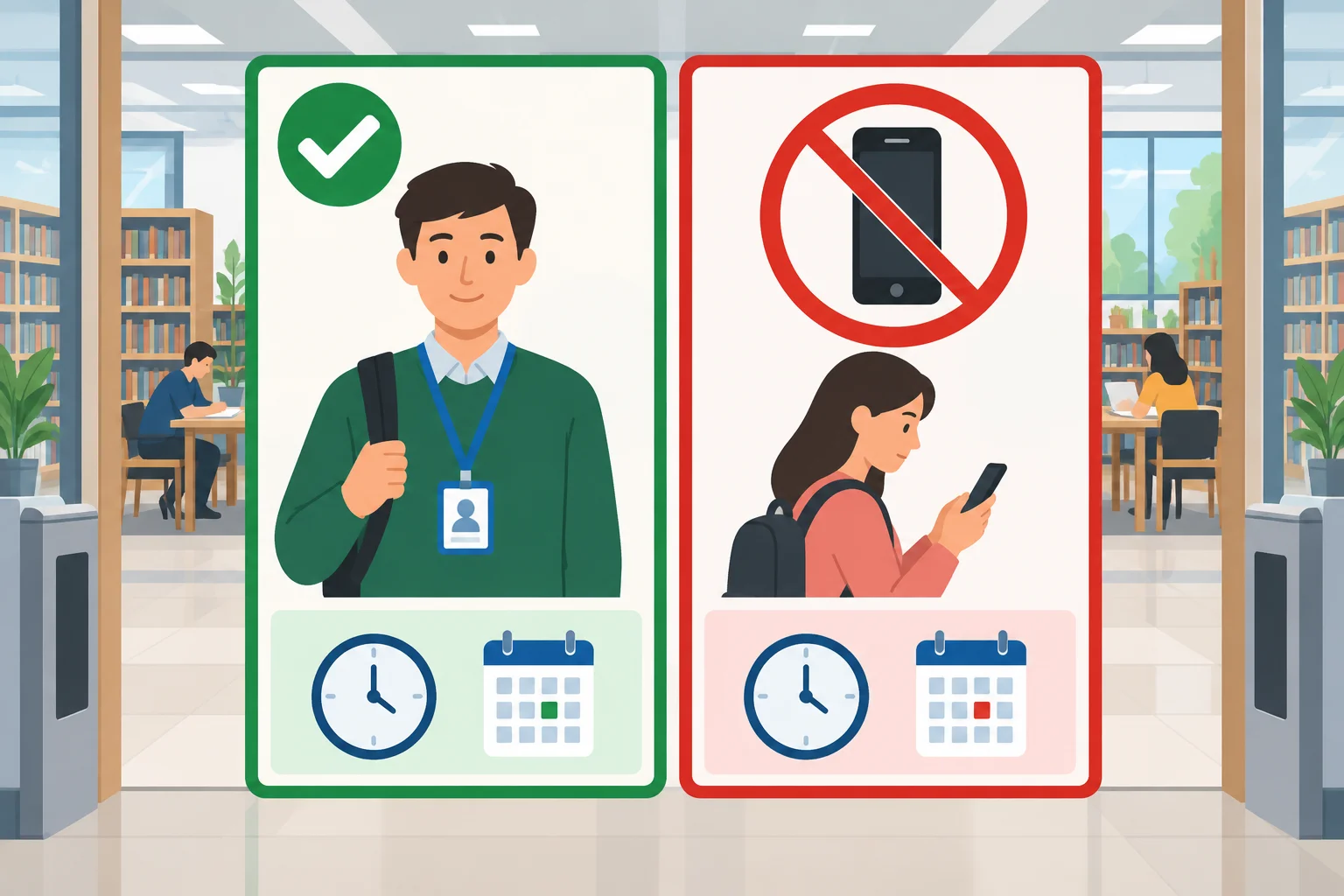 Comparação visual entre uma ação exigida, usar crachá, e uma ação proibida, usar celular, com símbolos de tempo.
