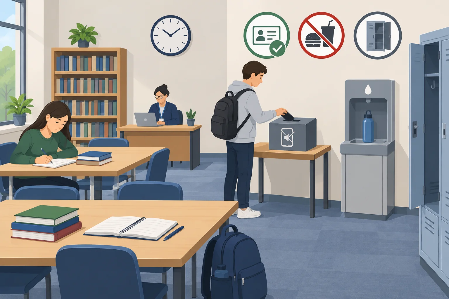 Sala de estudos com cartão de identificação exigido, comida proibida e armários de uso opcional.