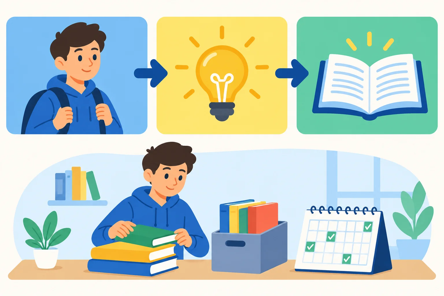 Diagrama visual com pessoa, bloco central de recomendação e ação de estudar, ligado a uma cena de organização de materiais.