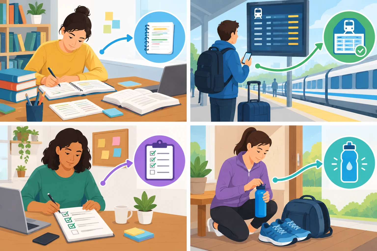 Quatro situações cotidianas ligadas visualmente a ações recomendadas: estudar, conferir um horário, fazer uma lista e levar água.